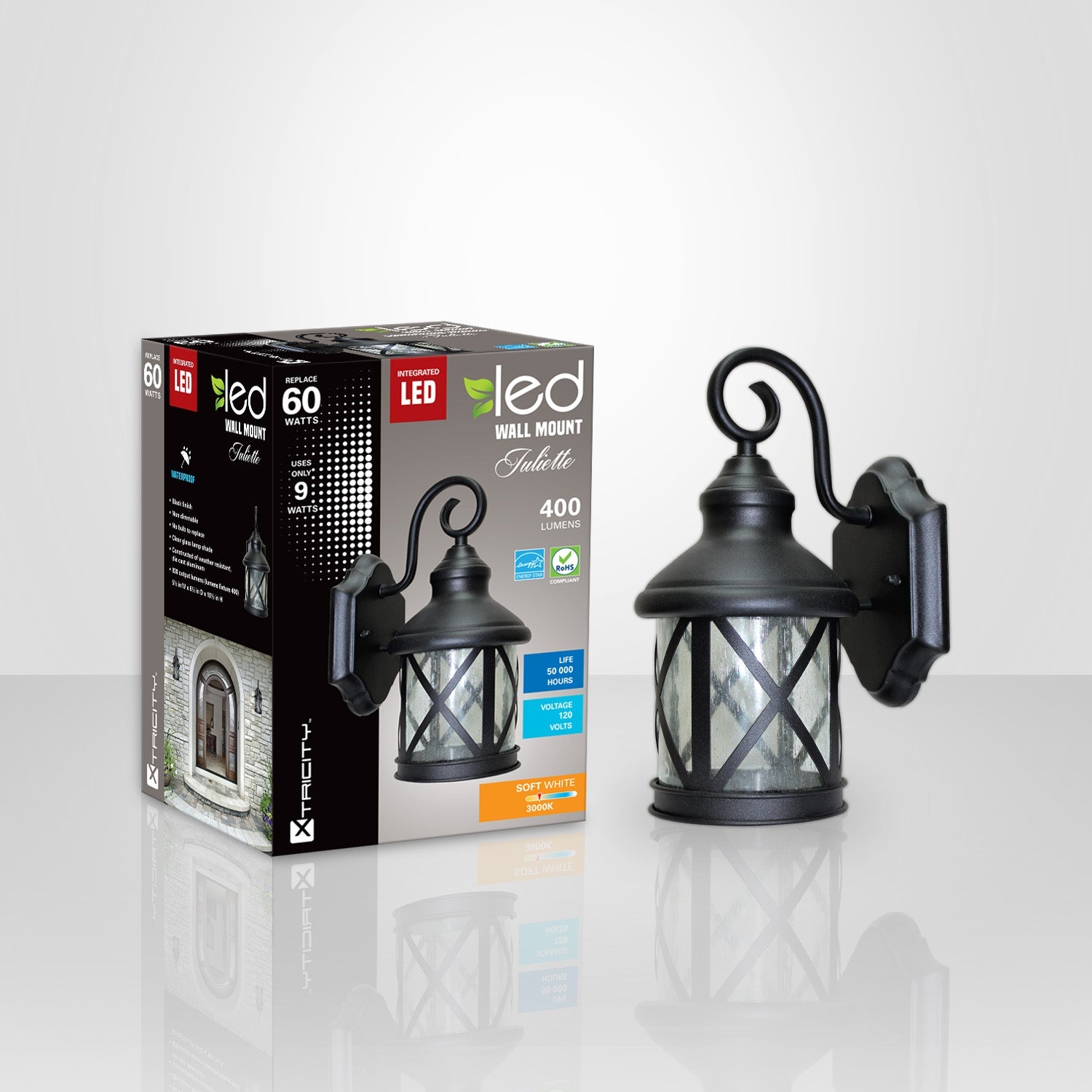 Xtricity - Luminaire Mural Extérieur DEL, 9w/120v/3000k, Éclairage Blanc Doux, De la Collection Juliette, Noir - emballage - Simple Boutique