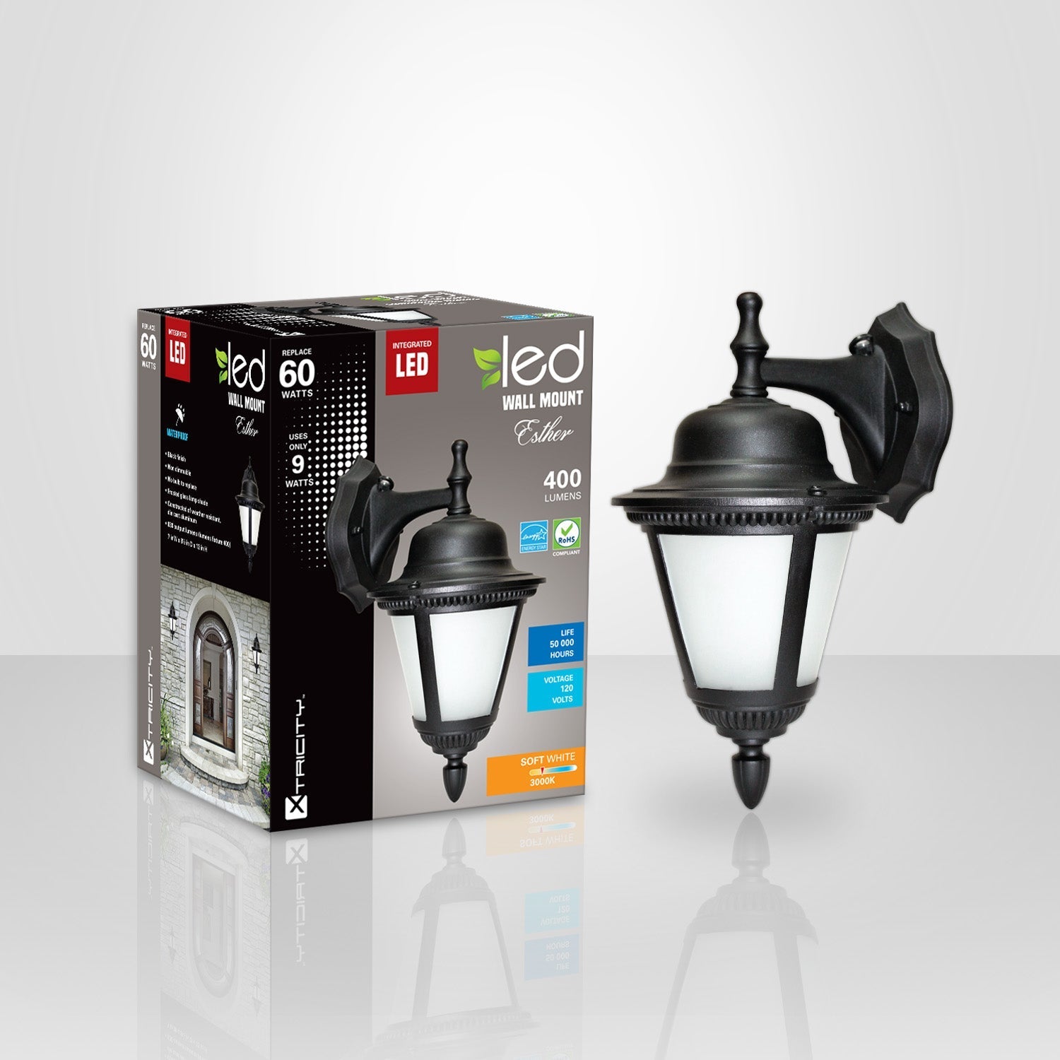 Xtricity - Luminaire Mural Extérieur DEL, 9w/120v/3000k, Éclairage Blanc Doux, De la Collection Esther, Noir - emballage - Simple Boutique