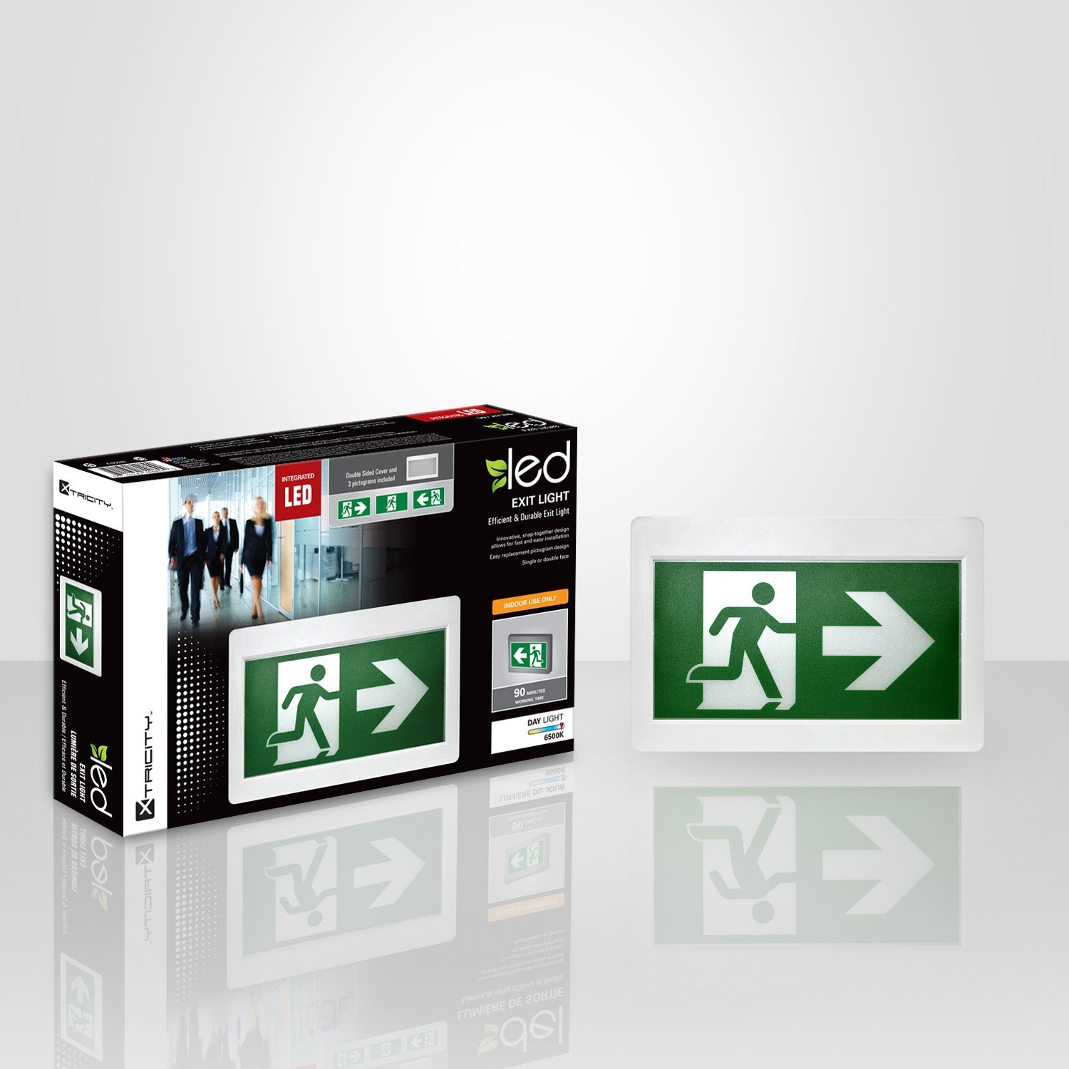 Xtricity DEL Lumiere Sortie D'urgence Avec 3 Pictogrammes - emballage - Simple Boutique