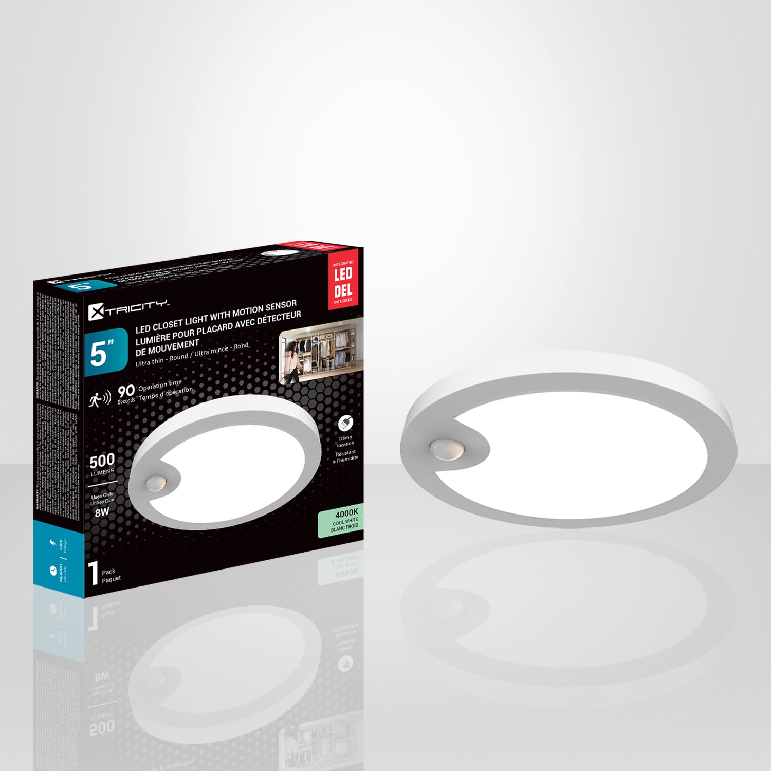 Xtricity - Lumière pour Placard avec Détecteur de Mouvement, Diamètre de 5'', 8W, 4000K Blanc Froid - emballage - Simple Boutique