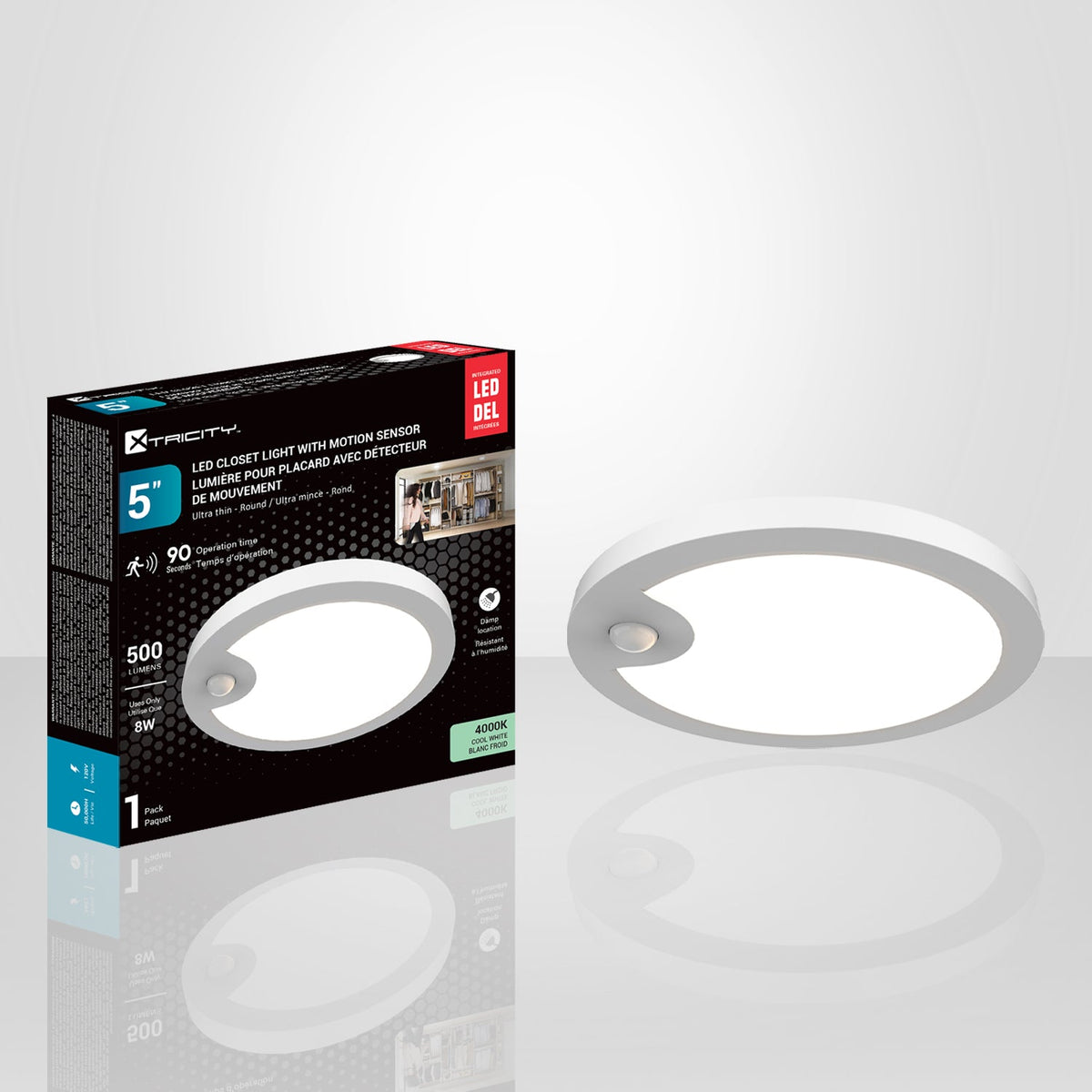 Xtricity - Lumière pour Placard avec Détecteur de Mouvement, Diamètre de 5'', 8W, 4000K Blanc Froid - emballage - Simple Boutique