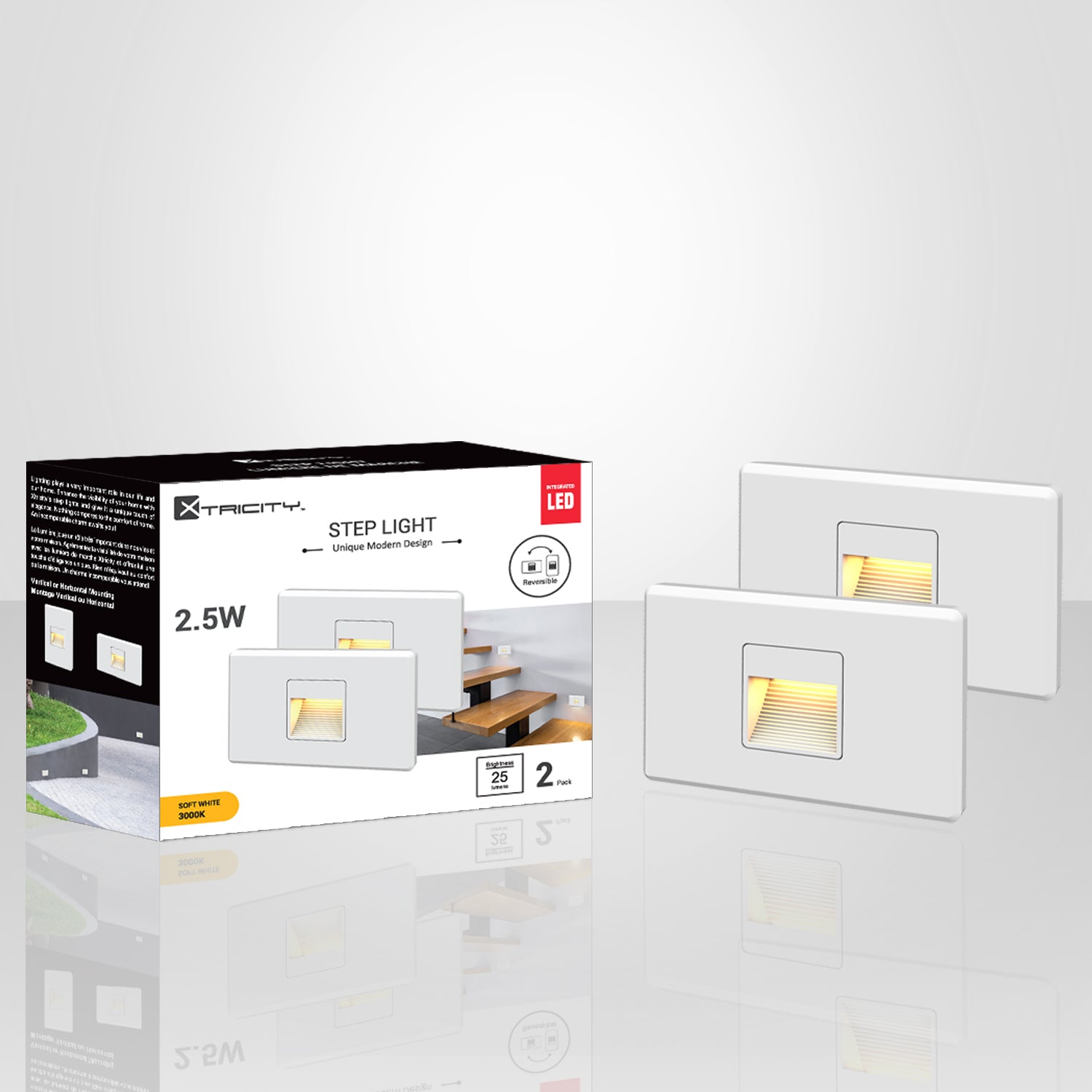 Xtricity - Ensemble de 2 Lumières de Sécurité pour Escalier DEL, 2.5W, 25 Lumens, 3000K Blanc Doux, Blanc - emballage - Simple Boutique
