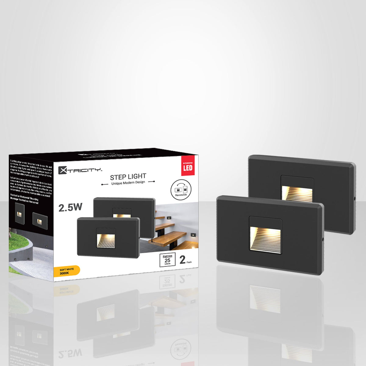 Xtricity - Ensemble de 2 Lumières de Sécurité pour Escalier DEL, 2.5W, 25 Lumens, 3000K Blanc Doux, Noir - emballage - Simple Boutique