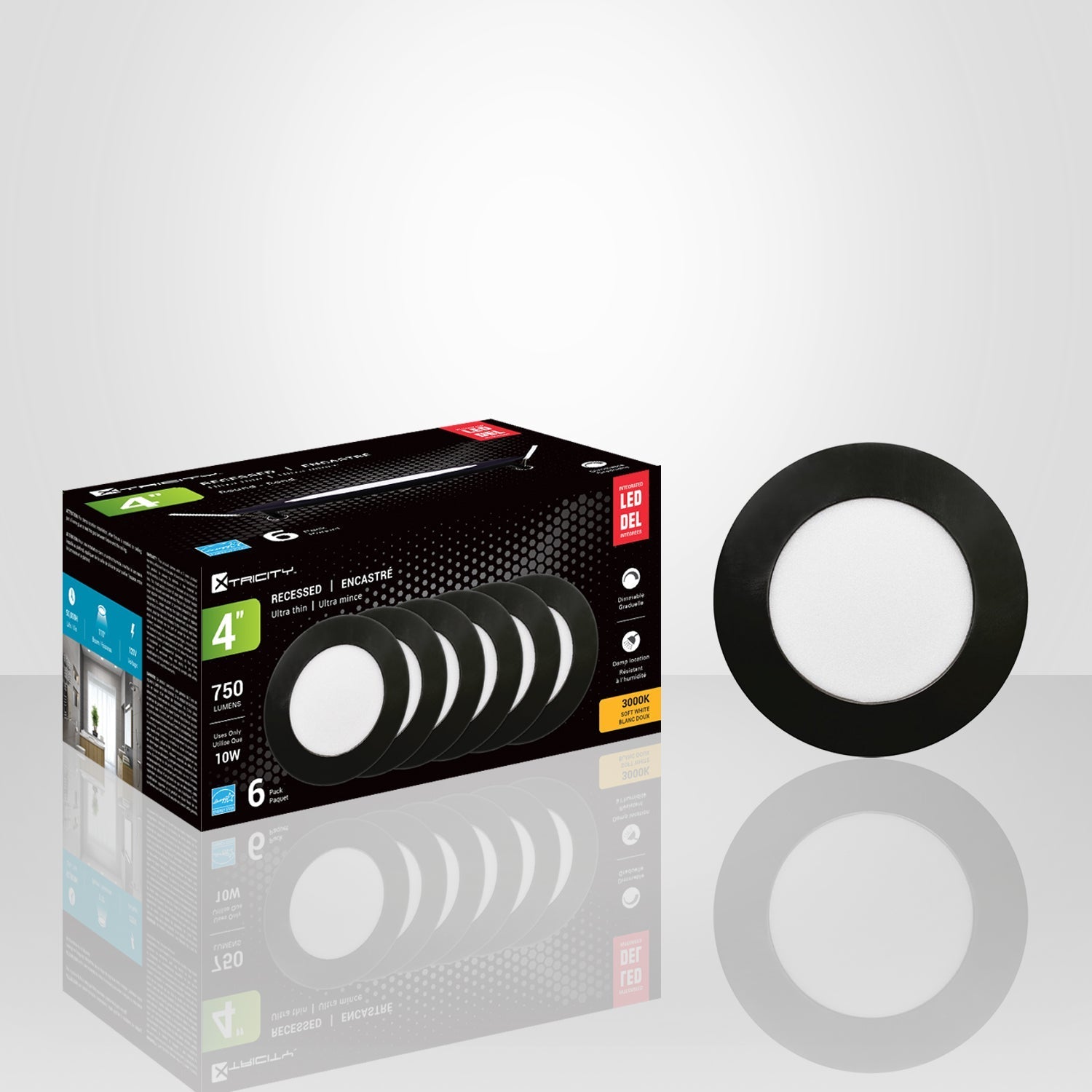 Xtricity - Lumière Encastrée DEL, Diamètre de 4'' , Gradable, 10W, 3000K Blanc Doux - Paquet de 6 - emballage - Simple Boutique