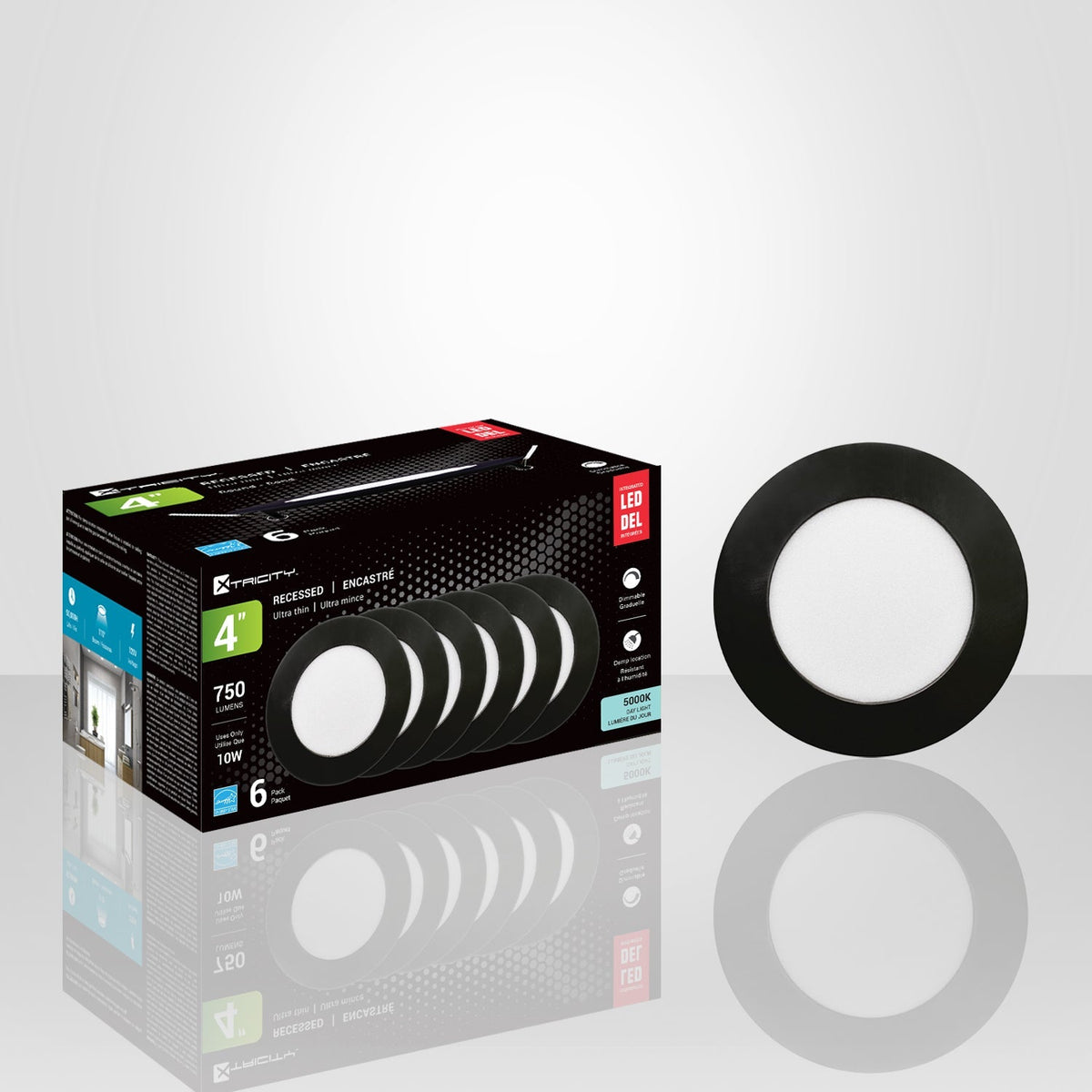 Xtricity - Lumière Encastrée DEL, Diamètre de 4'' , Gradable, 10W, 5000K Lumière du Jour, Paquet de 6 - emballage - Simple Boutique