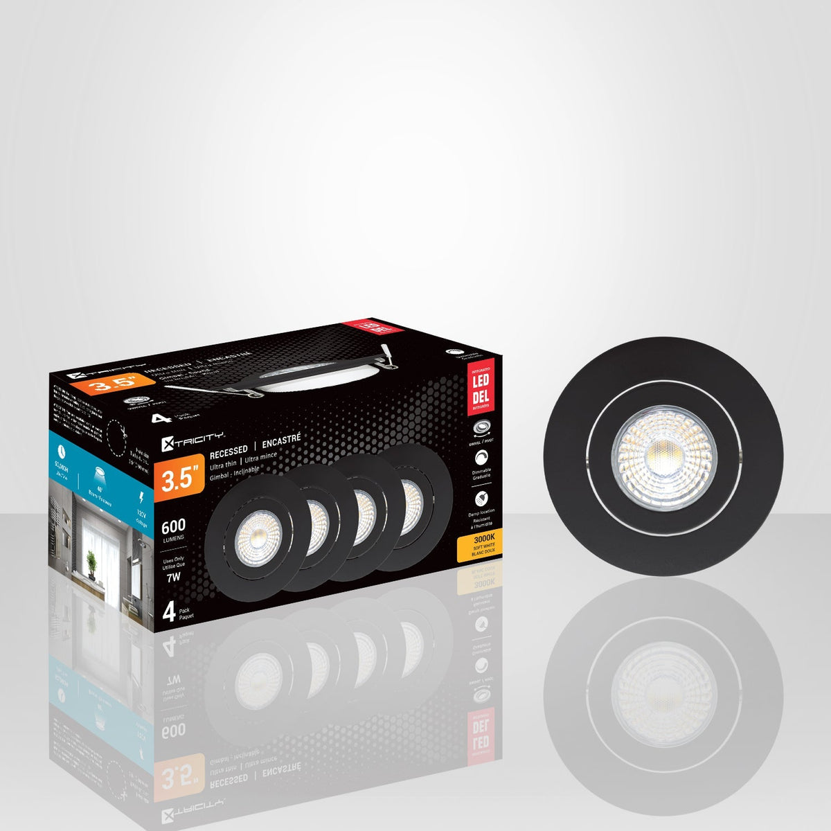 Xtricity - Lumière Encastrée Inclinable DEL, Diamètre de 3.5'', Gradable, 7W, 3000K Blanc Doux, Paquet de 4 - emballage - Simple Boutique