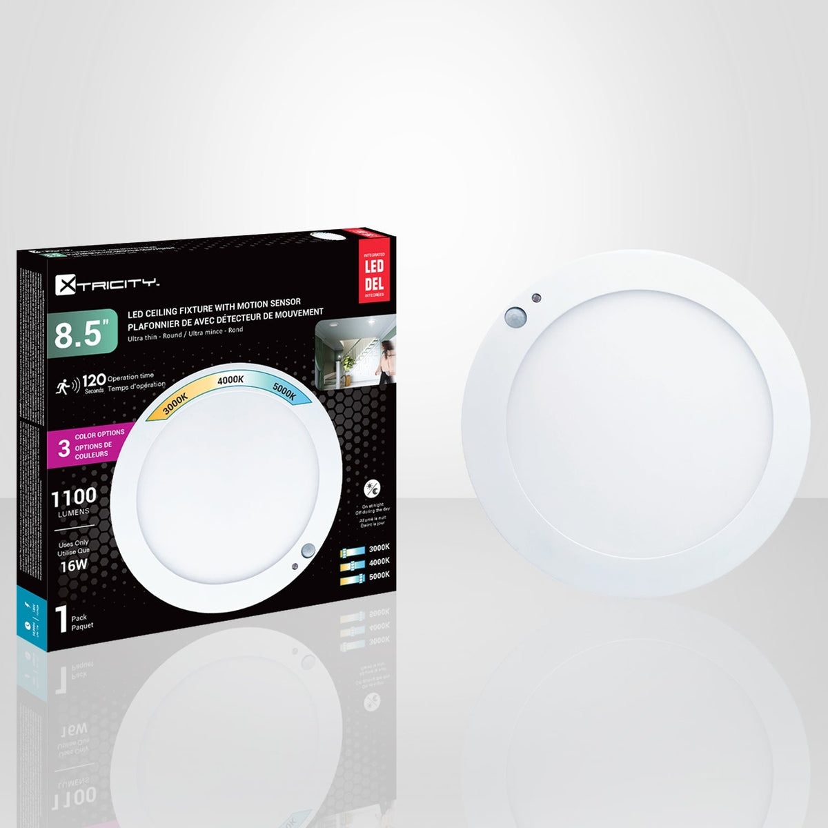 Xtricity - Plafonnier DEL Avec Détecteur de Mouvement, 8.5" de Diamètre, 16W, 11000 Lumens, Trois Options de Couleur d'éclairage - emballage - Simple Boutique