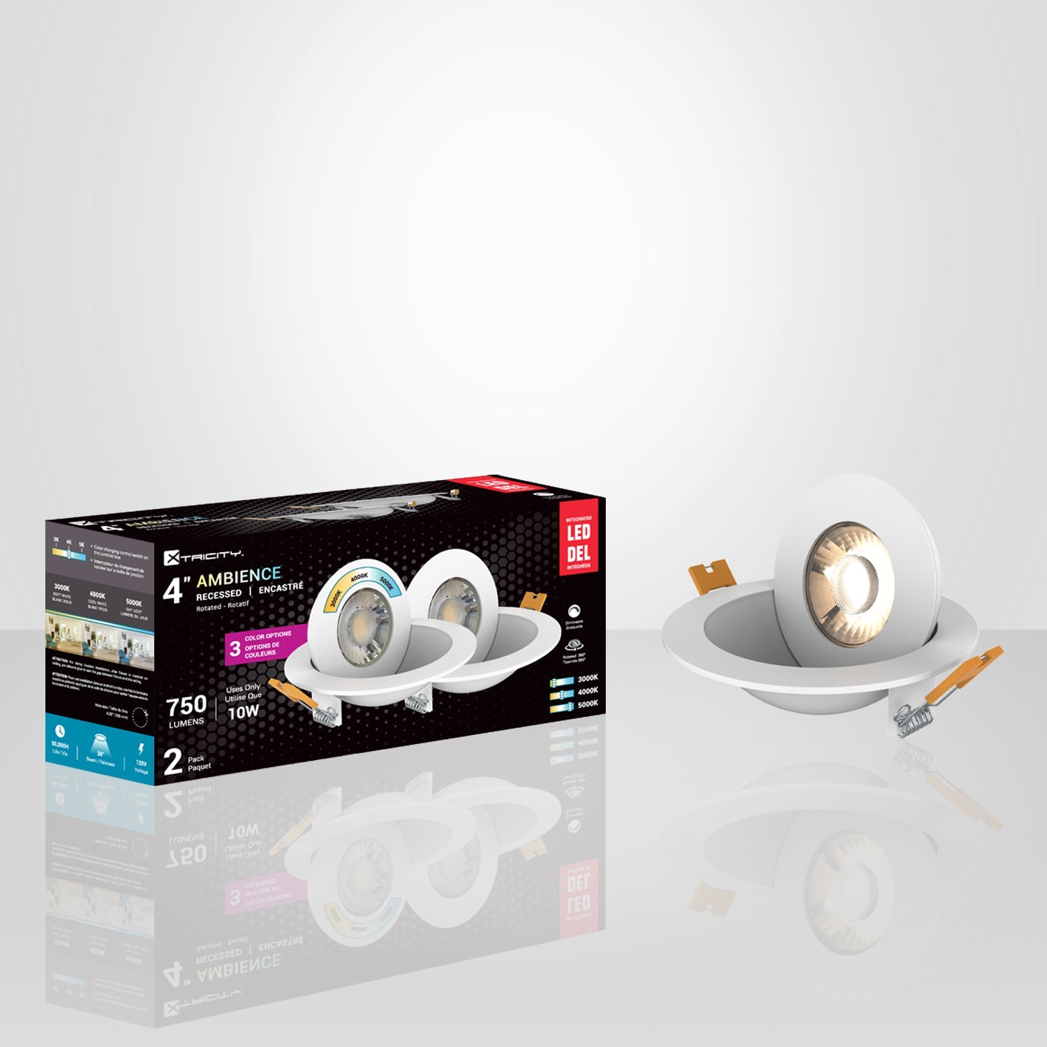Xtricity - Ensemble de 2 Luminaires DEL Encastrés Rotatifs, 10W, 750 Lumens, 3 Options de Couleur d'éclairage - emballage - Simple Boutique