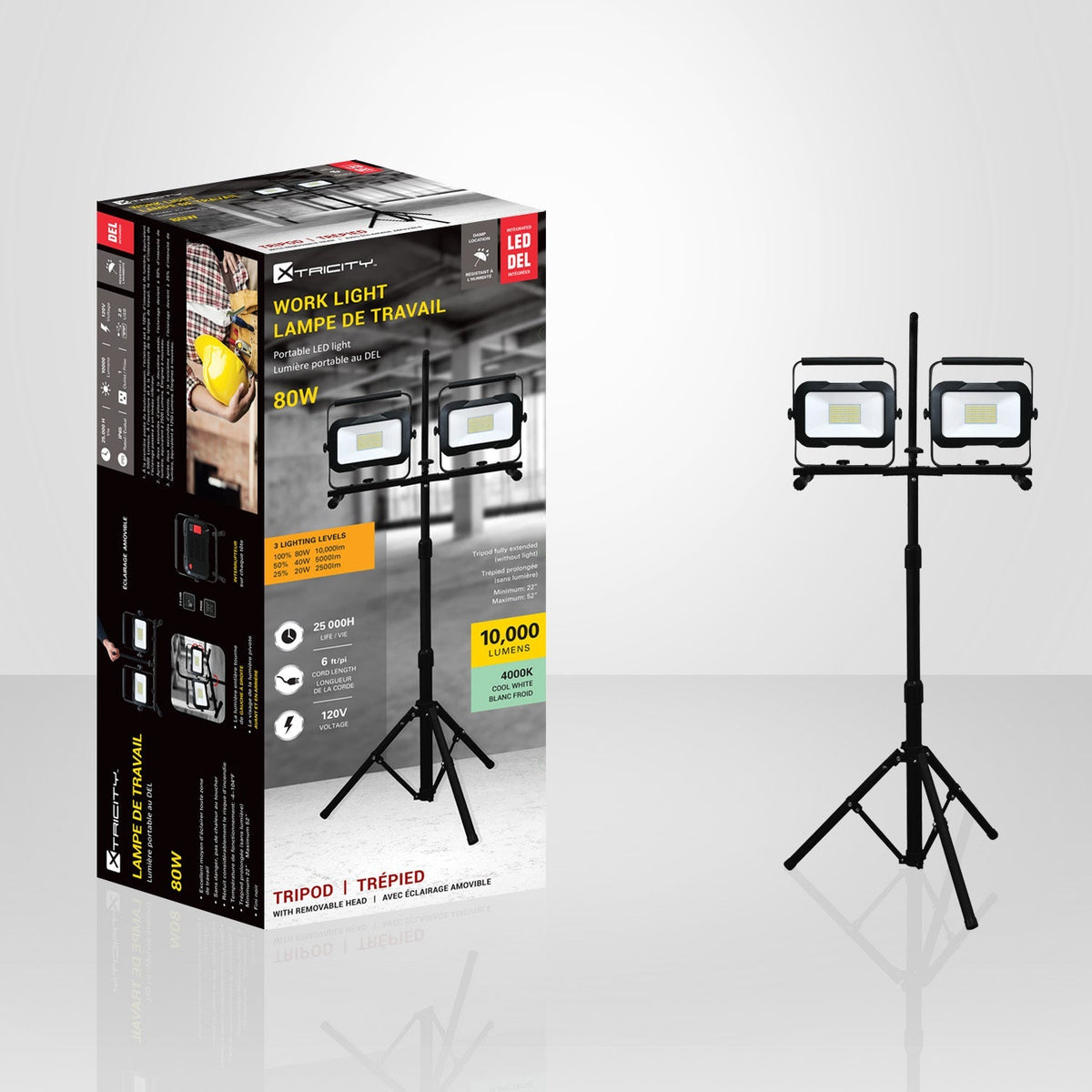 Xtricity - Lampe de Travail à 2 Têtes avec Trépied, 10 000 Lumens, 120V, 4000K Blanc Froid - emballage - Simple Boutique
