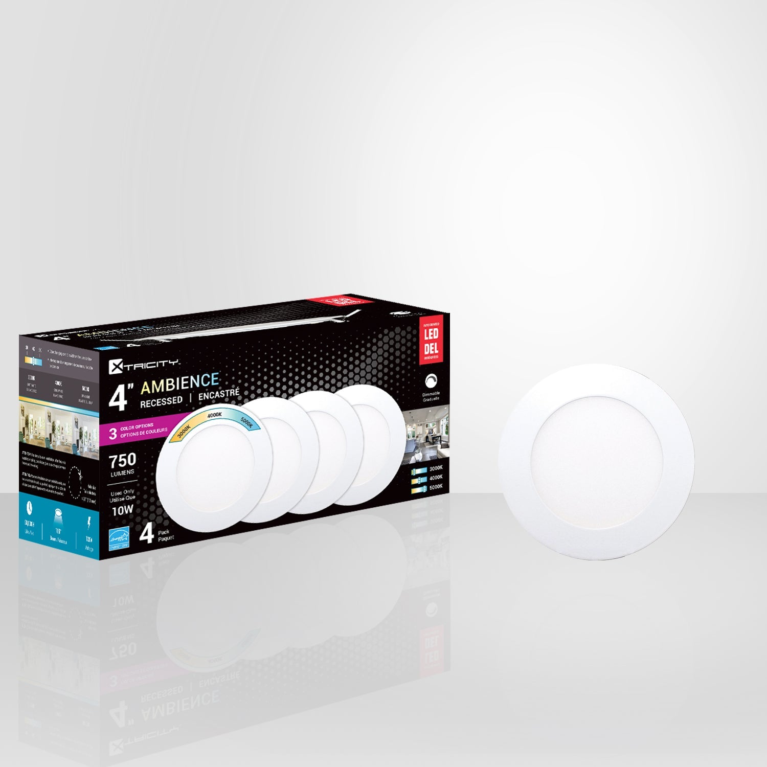 Xtricity - Ensemble de 4 Lumières Encastrées DEL, Diamètre de 4'', Gradable, 10W, 3 Options de Couleurs - emballage - Simple Boutique
