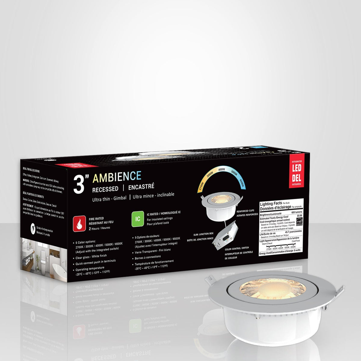 Xtricity - Ensemble de 2 Lumières Encastrées Inclinable DEL, Diamètre de 3'', Gradable, 8W, 5 Options de Couleurs - emballage - Simple Boutique