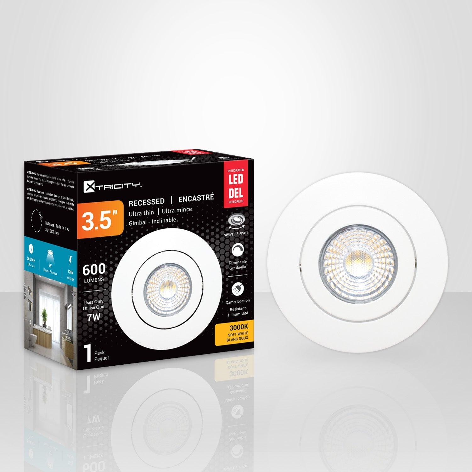 Xtricity - Lumière Encastrée DEL Inclinable, Diamètre de 3.5'', Gradable, 7W, 3000K Blanc Doux - emballage - Simple Boutique