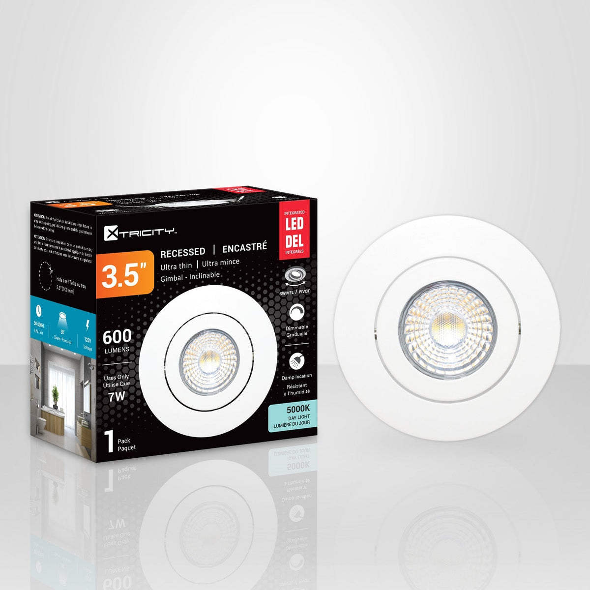 Xtricity - Lumière Encastrée DEL Inclinable, Diamètre de 3.5'', Gradable, 7W, 5000K Lumière du Jour - emballage - Simple Boutique