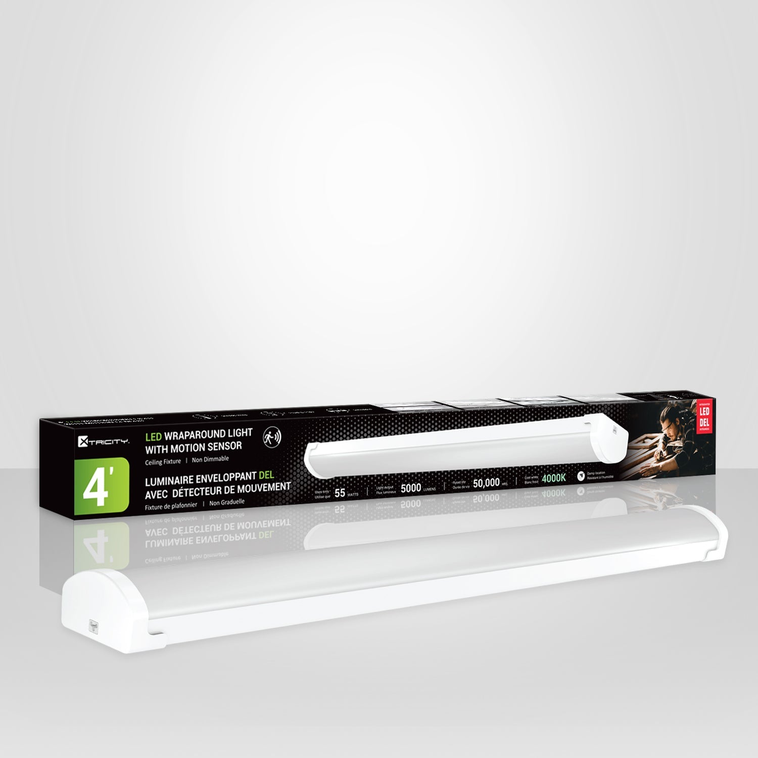 Xtricity - Luminaire Enveloppant DEL avec Détecteur de Mouvement, Longeur de 4 Pieds, 55W, 4000K Blanc Froid - emballage - Simple Boutique