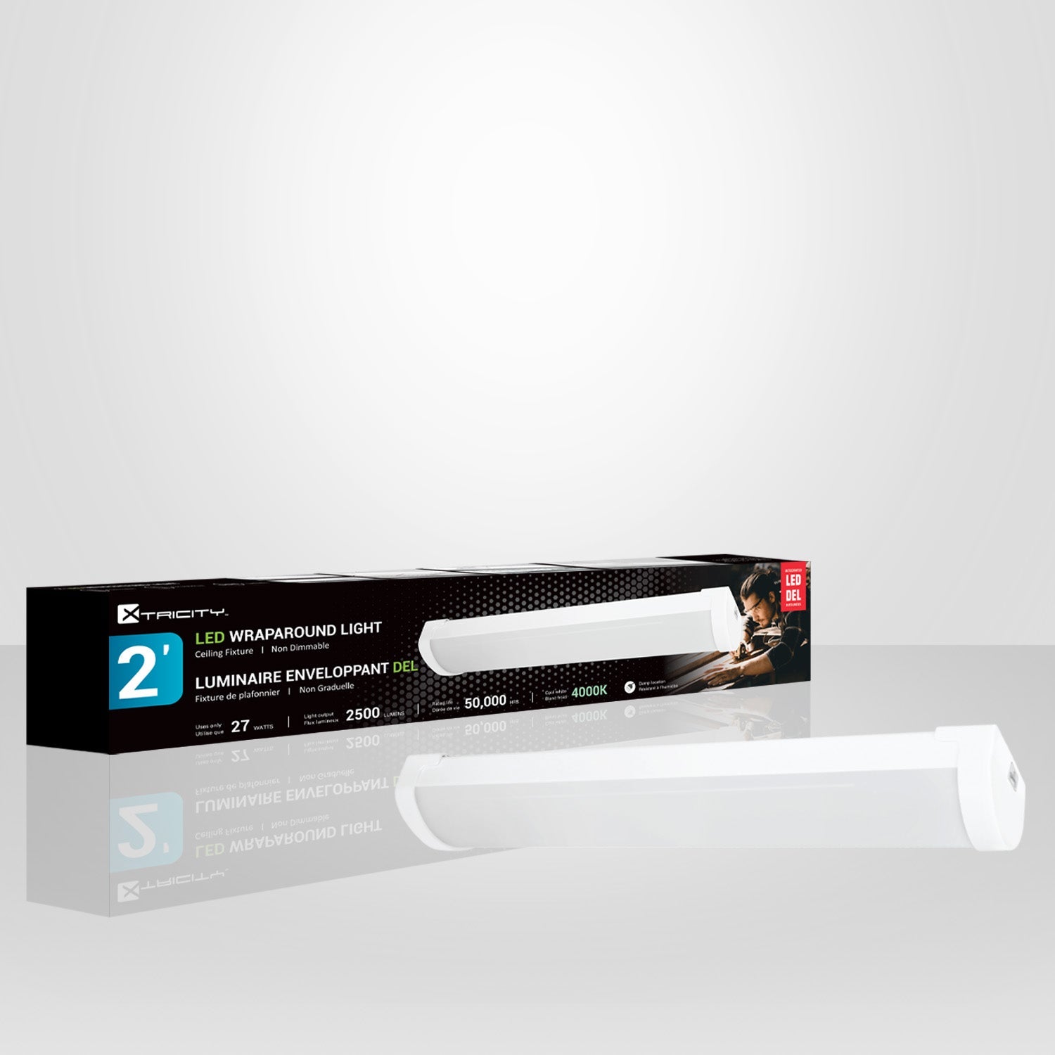 Xtricity - Luminaire Enveloppant DEL, Longeur de 2 Pieds, 2500 Lumens, 27W, 4000K Blanc Froid - emballage - Simple Boutique