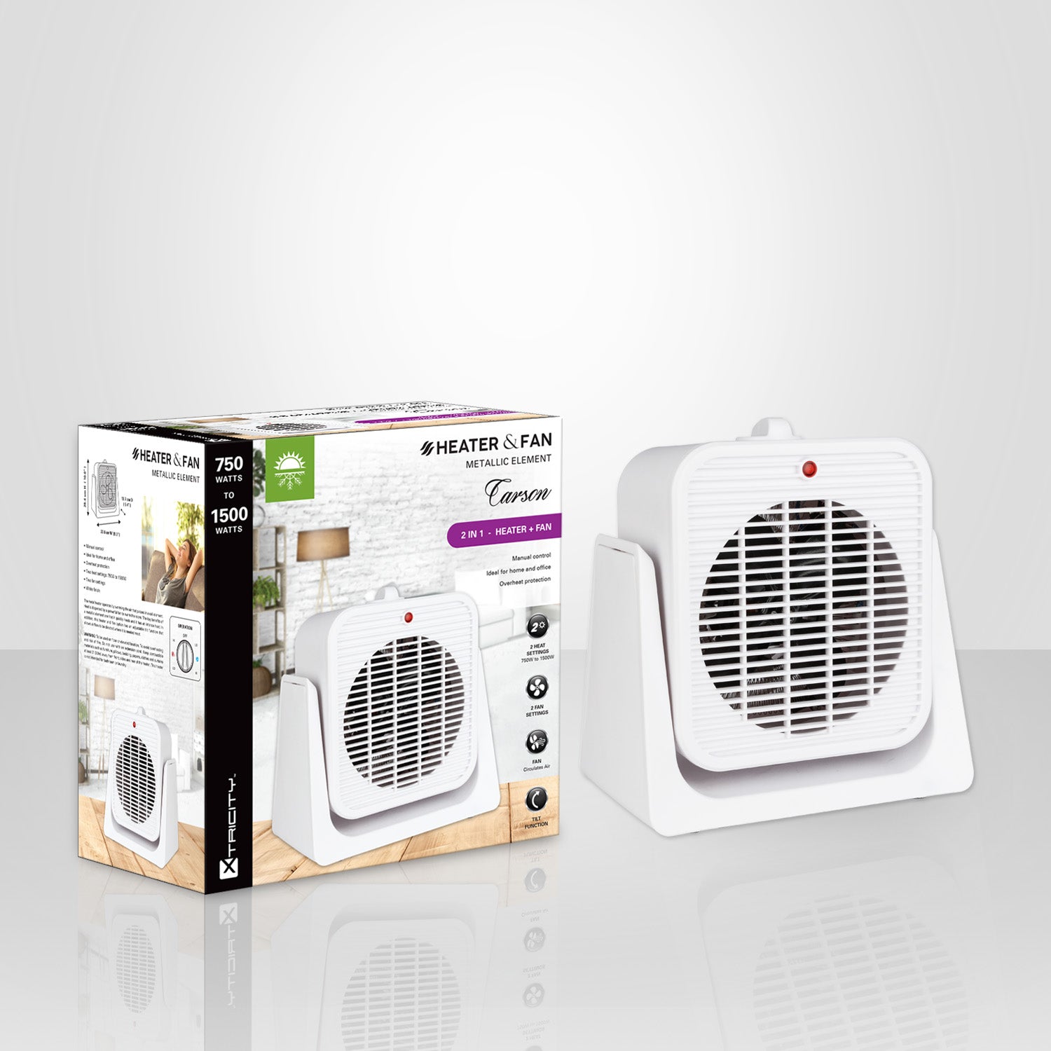 Xtricity 4-80308 Carson Radiateur + Ventilateur Élément Métallique 750W-1500W Blanc - emballage - Simple Boutique