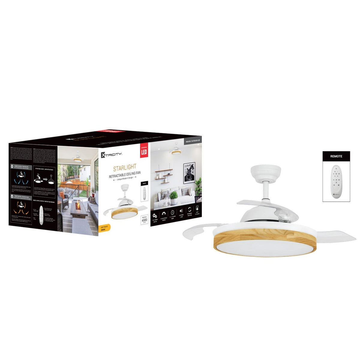 Xtricity - Ventilateur de Plafond avec Hélice Rétractable, Éclairage DEL, Télécommande Incluse, Blanc - emballage - Simple Boutique