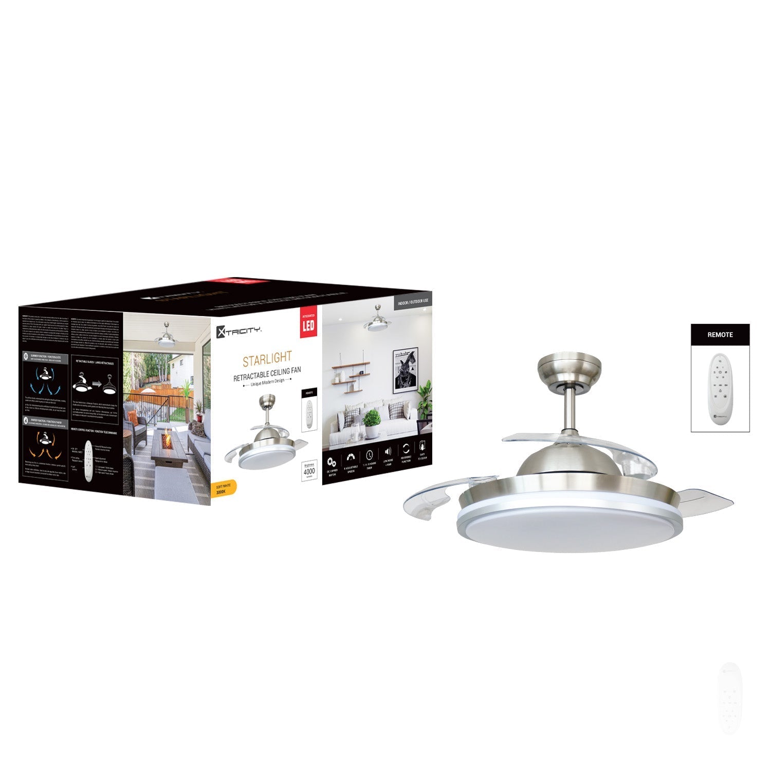Xtricity - Ventilateur de Plafond avec Hélice Rétractable, Éclairage DEL, Télécommande Incluse, Nickel - emballage - Simple Boutique