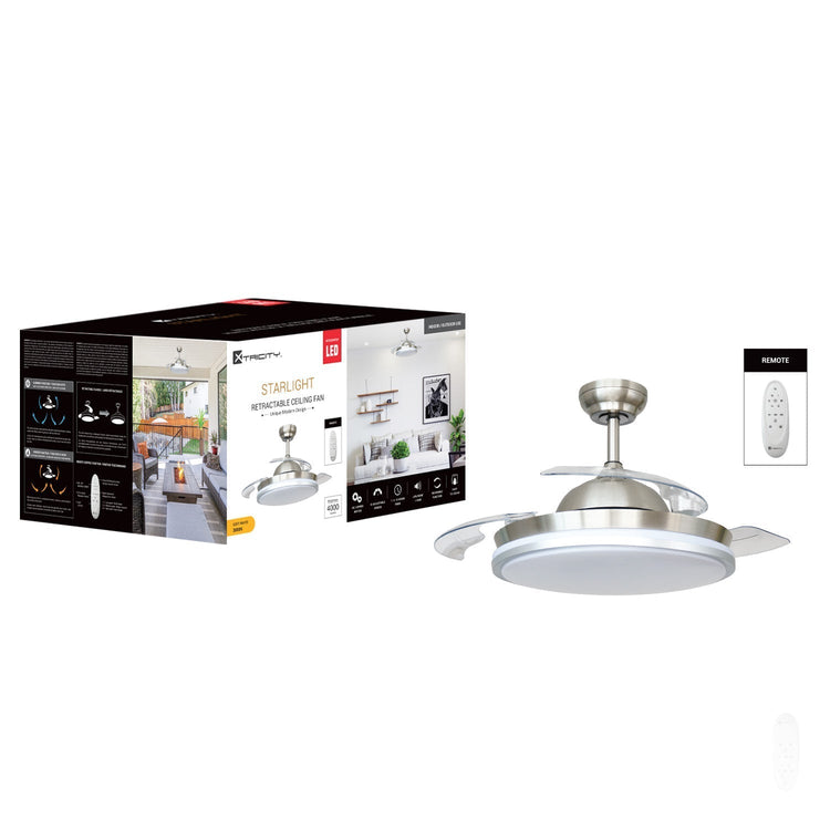 Xtricity - Ventilateur de Plafond avec Hélice Rétractable, Éclairage DEL, Télécommande Incluse, Nickel - emballage - Simple Boutique