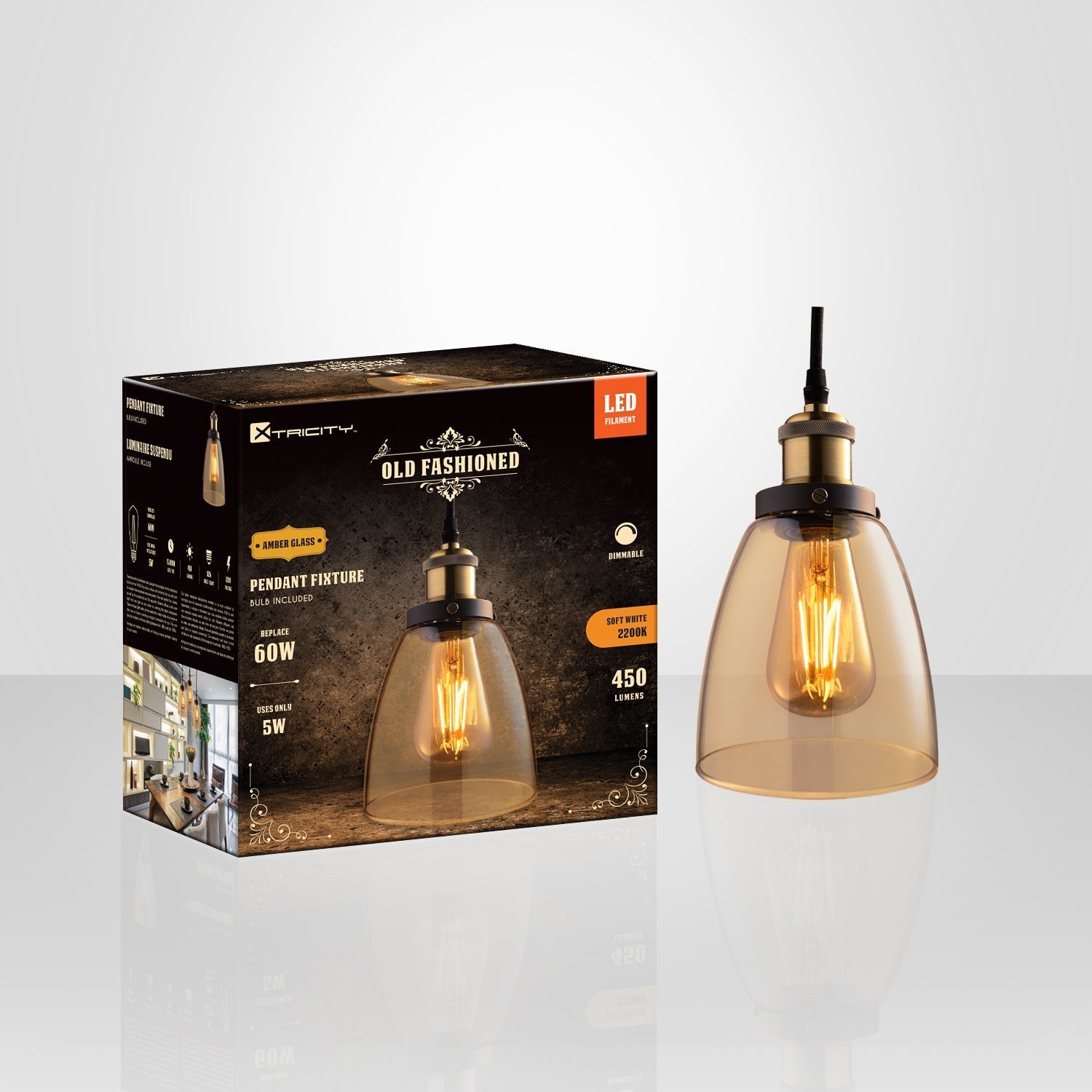 Xtricity - Luminaire Suspendu Verre Ambré, Ampoule DEL Incluse, De la Collection à L'ancienne - emballage - Simple Boutique
