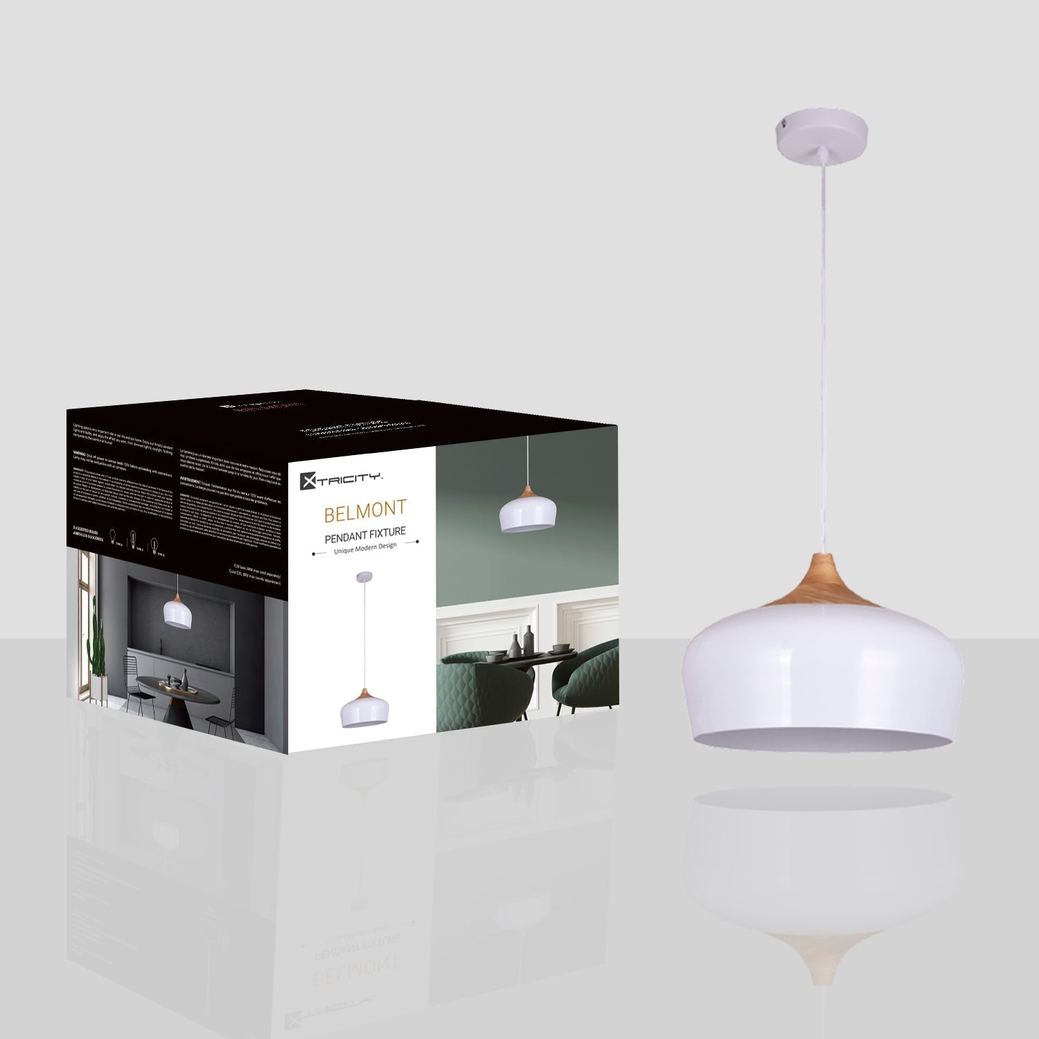 Xtricity - Luminaire Suspendu, Largeur de 13.8'', De la Collection Belmont, Blanc et Bois - emballage - Simple Boutique