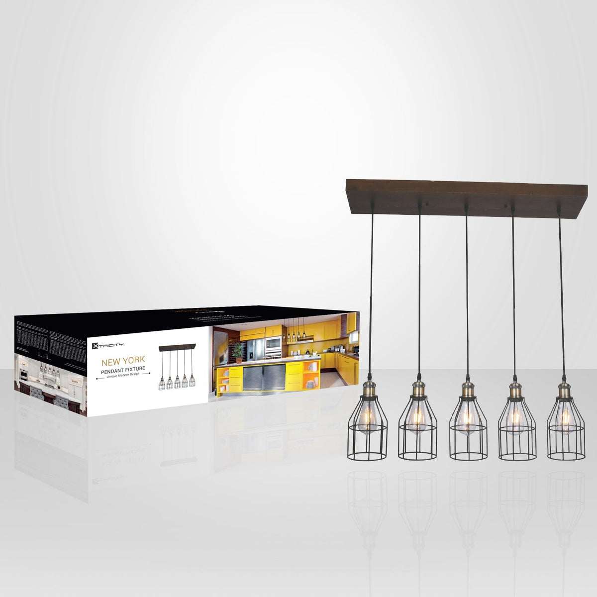 Xtricity - Luminaire Suspendu à 5 Lumières, Largeur de 35'', De la Collection New Yorker, Bois - emballage - Simple Boutique