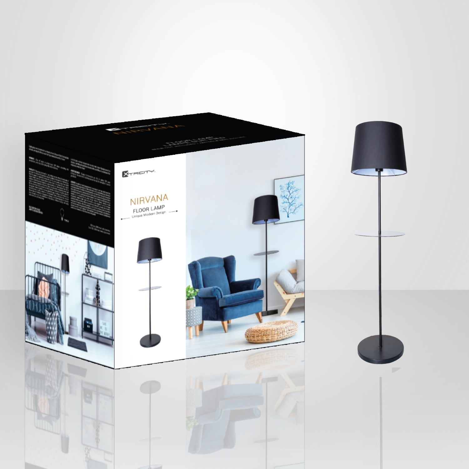 Xtricity - Lampe Torchère sur Pied, Hauteur de 4.25', de la Collection Nirvana, Noir - emballage - Simple Boutique