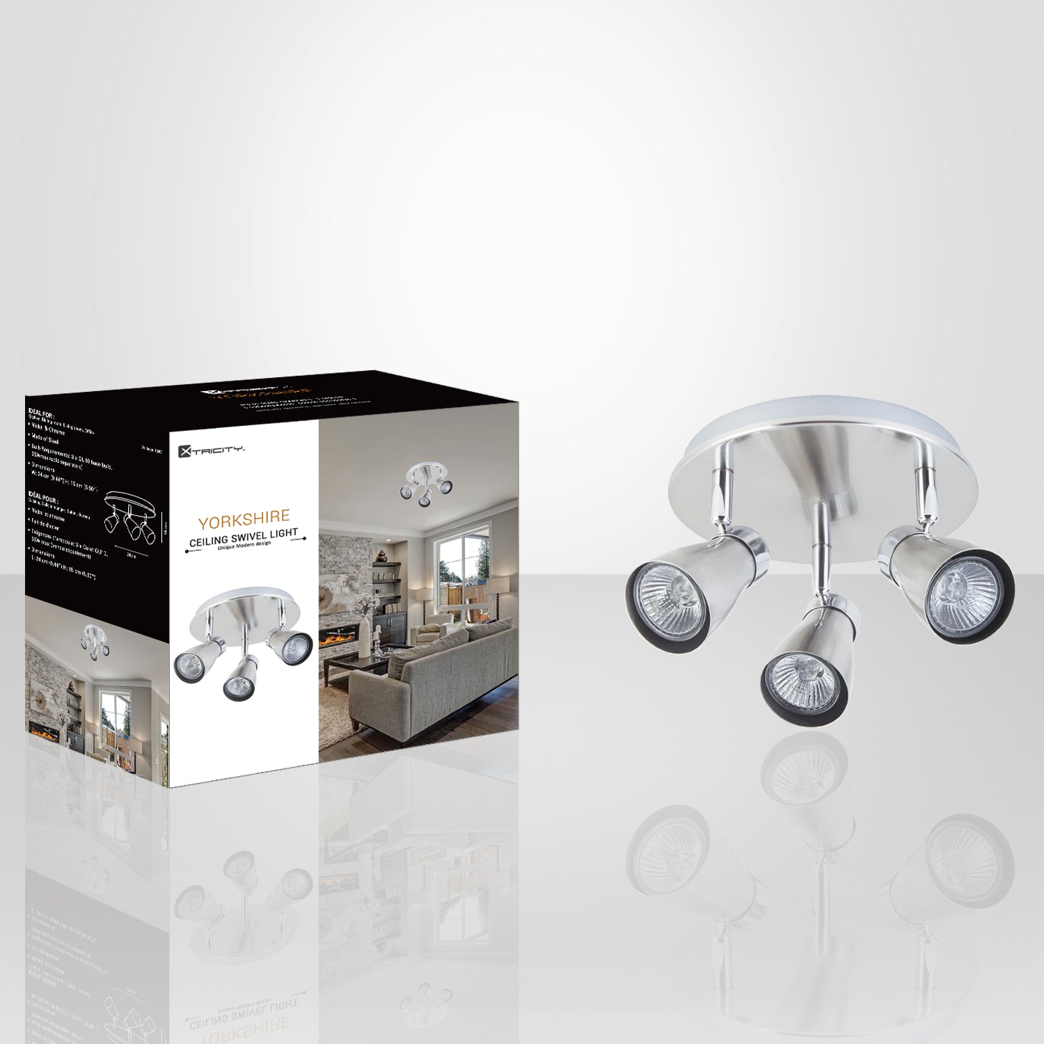 Xtricity - Plafonniers à 3 Têtes, Largeur de 9.44'', De la Collection Yorkshire, Nickel Chrome - emballage - Simple Boutique