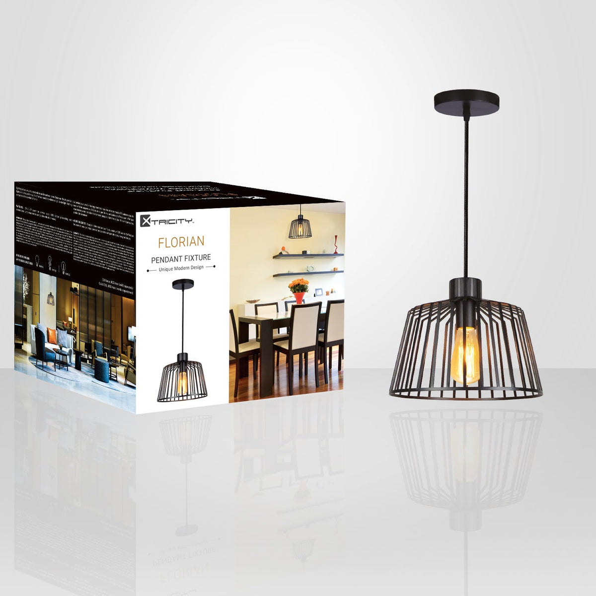 Xtricity - Luminaire Suspendu, Largeur de 12'', De la Collection Florian, Noir - emballage - Simple Boutique