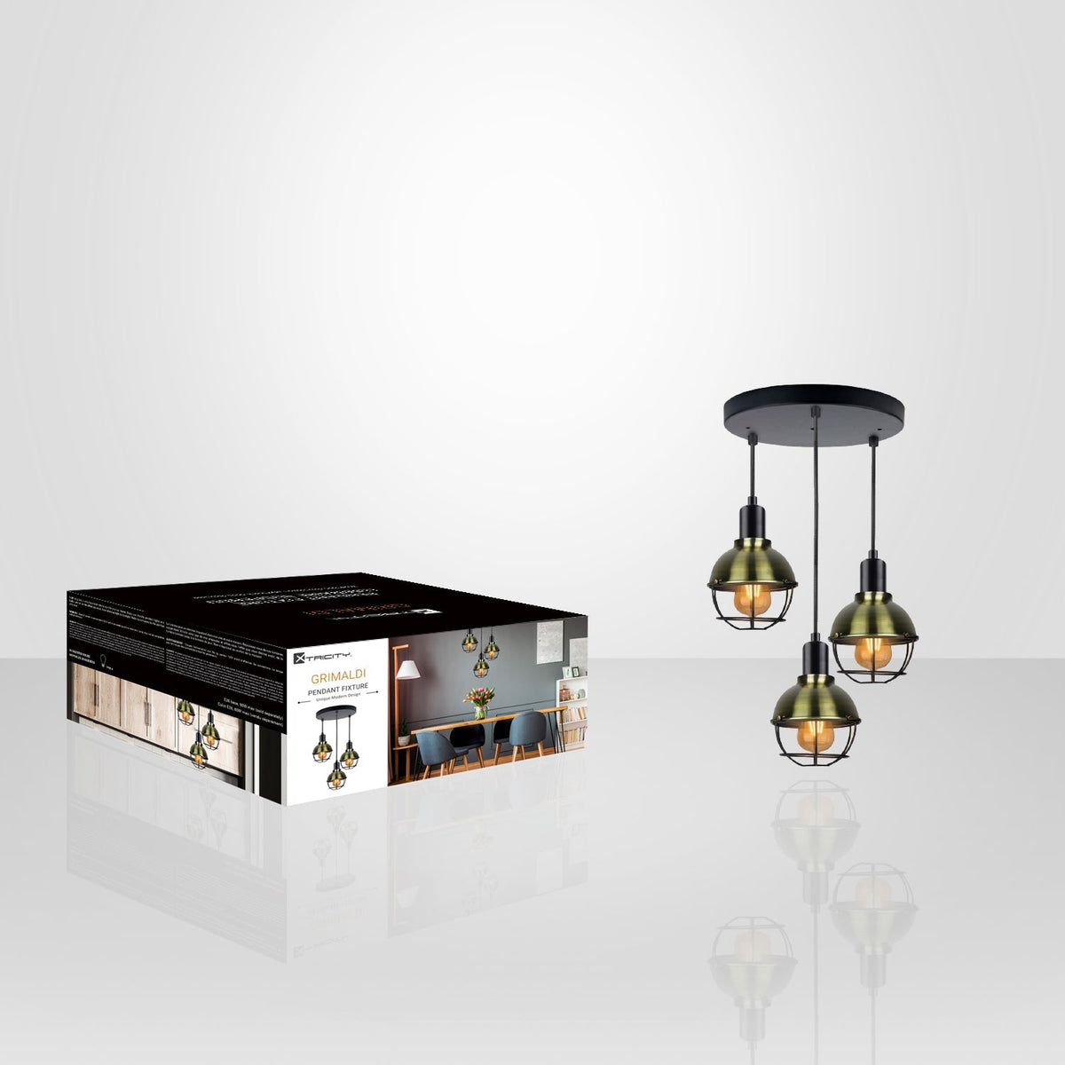 Xtricity - Luminaire Suspendu à 3 Lumières. Largeur 11.81'', De la Collection Grimaldi, Noir - emballage - Simple Boutique