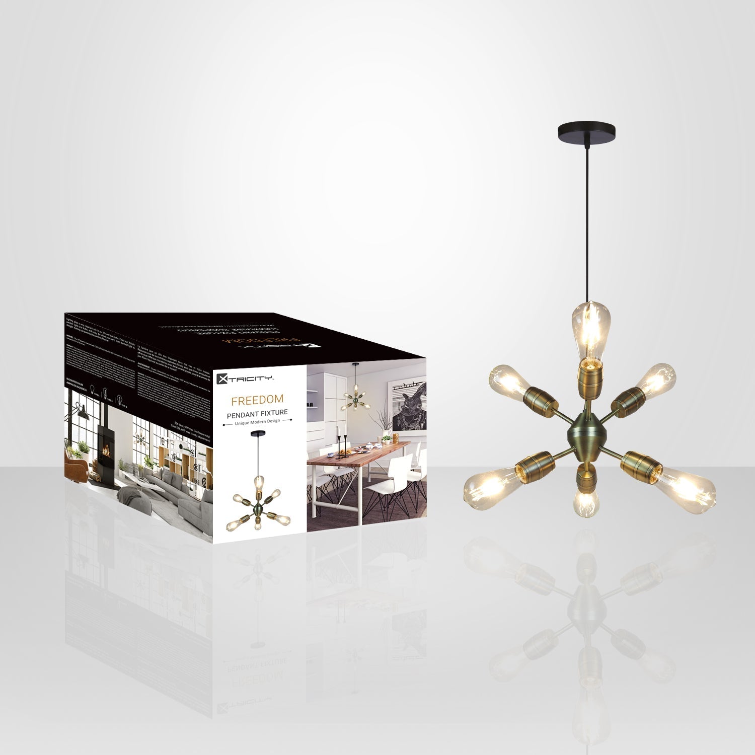 Xtricity - Luminaire Suspendu à 6 Lumières, Largeur de 11'', De la Collection Freedom, Laiton Antique - emballage - Simple Boutique