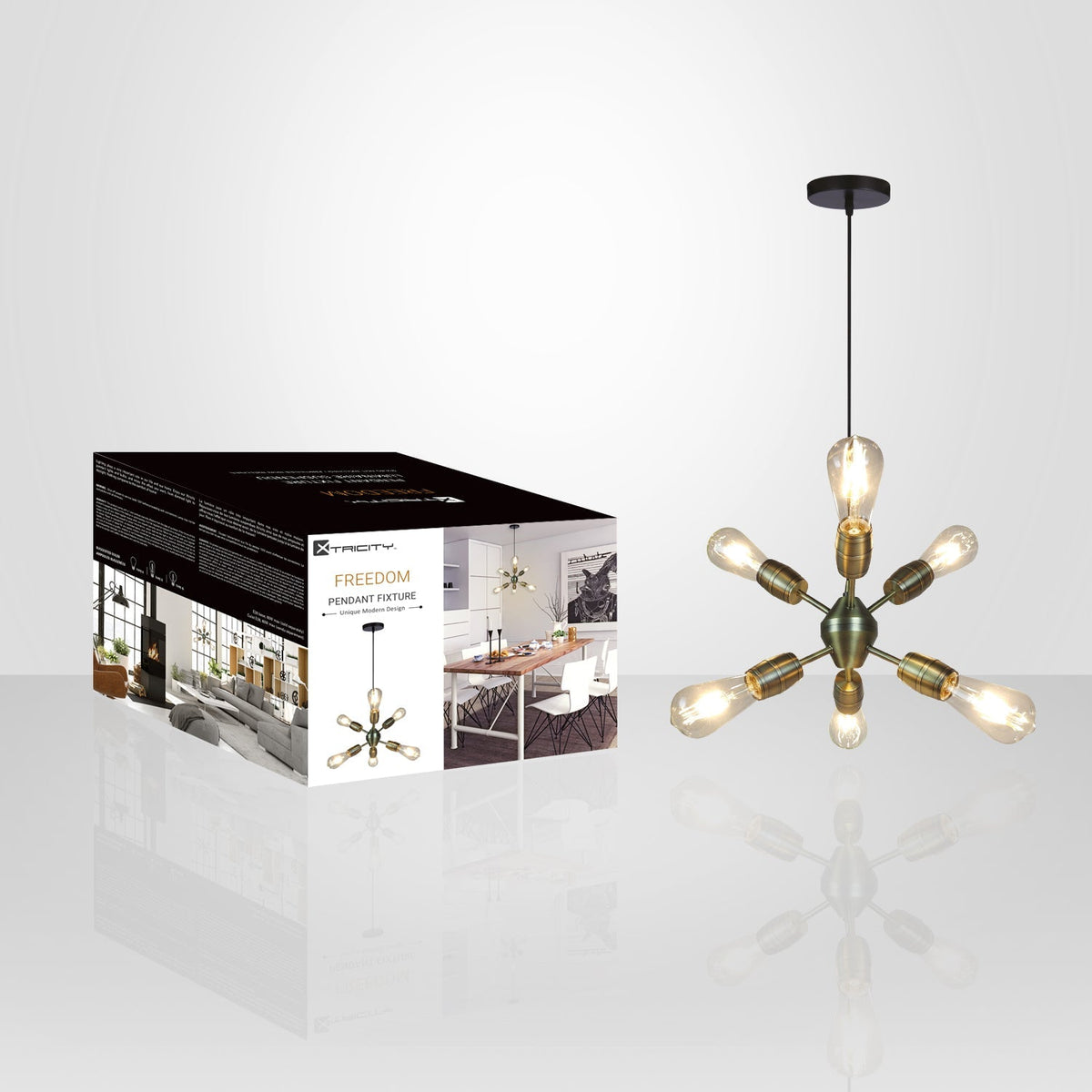 Xtricity - Luminaire Suspendu à 6 Lumières, Largeur de 11'', De la Collection Freedom, Laiton Antique - emballage - Simple Boutique