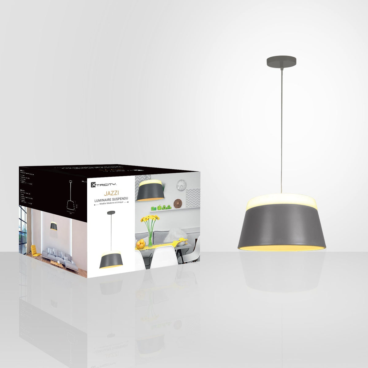 Xtricity - Luminaire Suspendu, Largeur de 13.77'', De la Collection Jazzi, Gris - emballage - Simple Boutique