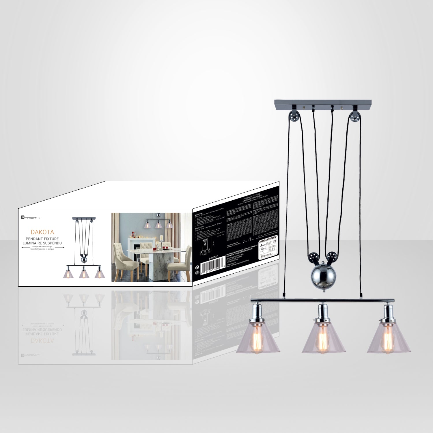 Xtricity - Luminaire Suspendu à 3 Lumières, Largeur de 29.1'', De la Collection Dakota, Chrome - emballage - Simple Boutique
