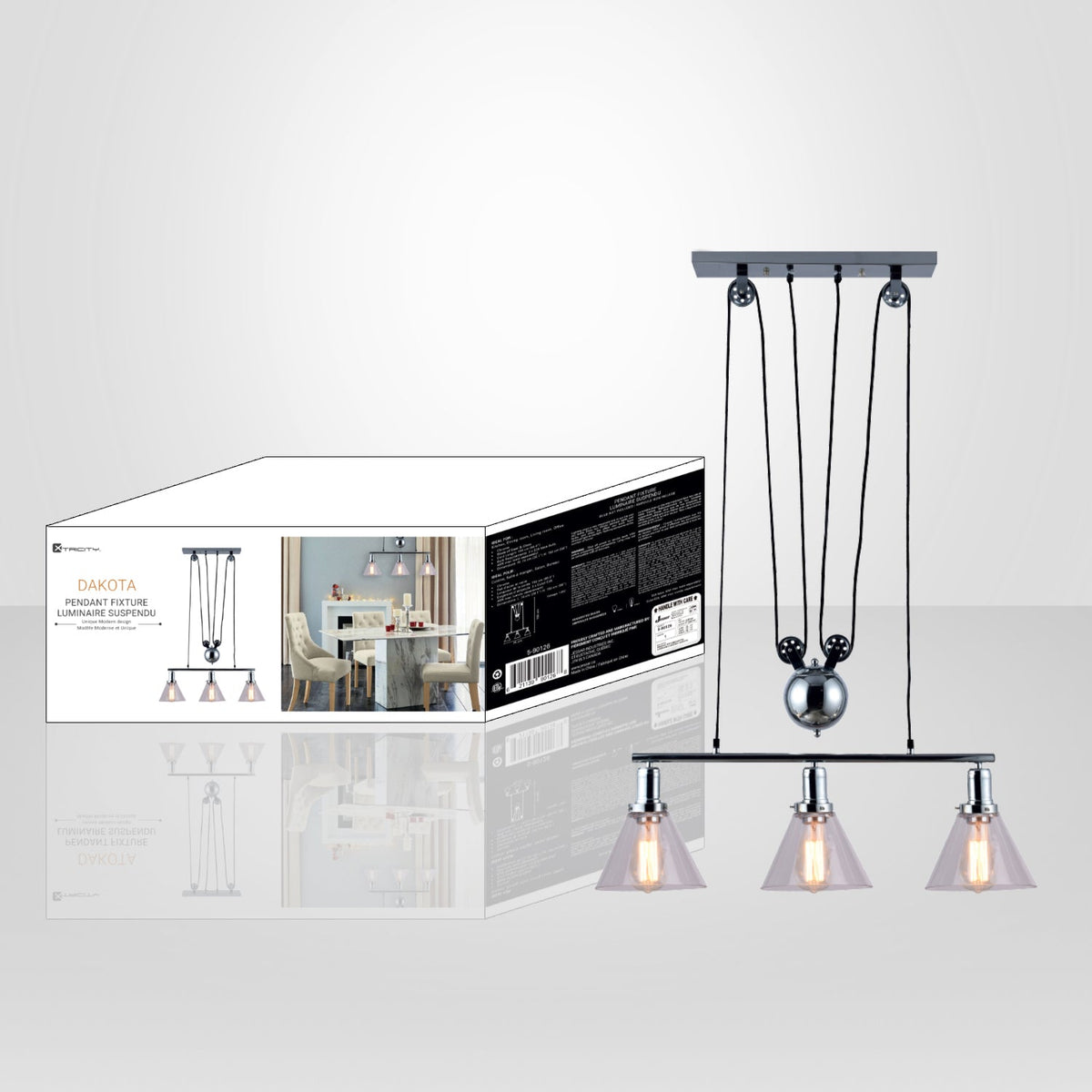 Xtricity - Luminaire Suspendu à 3 Lumières, Largeur de 29.1'', De la Collection Dakota, Chrome - emballage - Simple Boutique