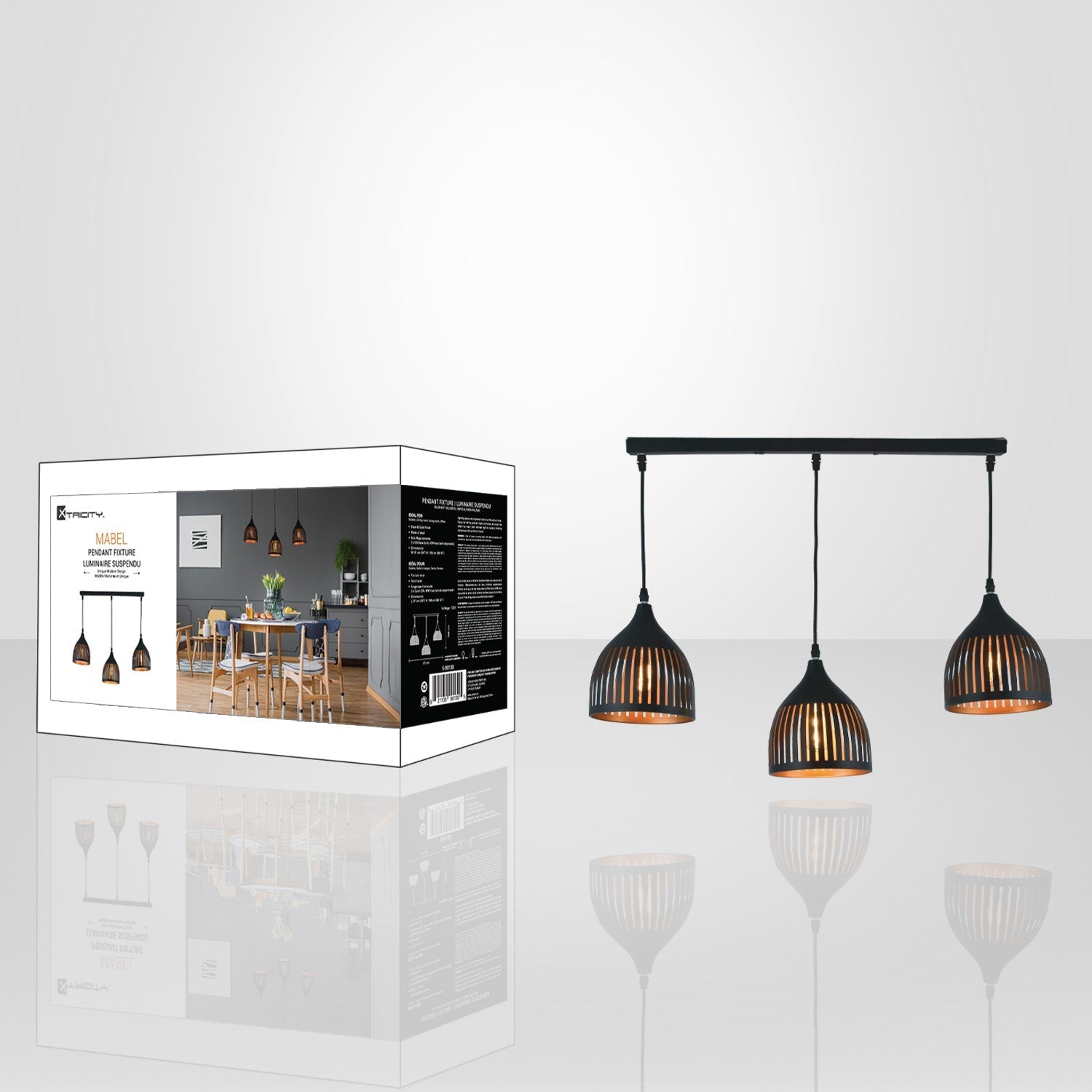 Xtricity - Luminaire Suspendu à 3 Lumières, Largeur de 24'', De la Collection Mabel, Noir - emballage - Simple Boutique