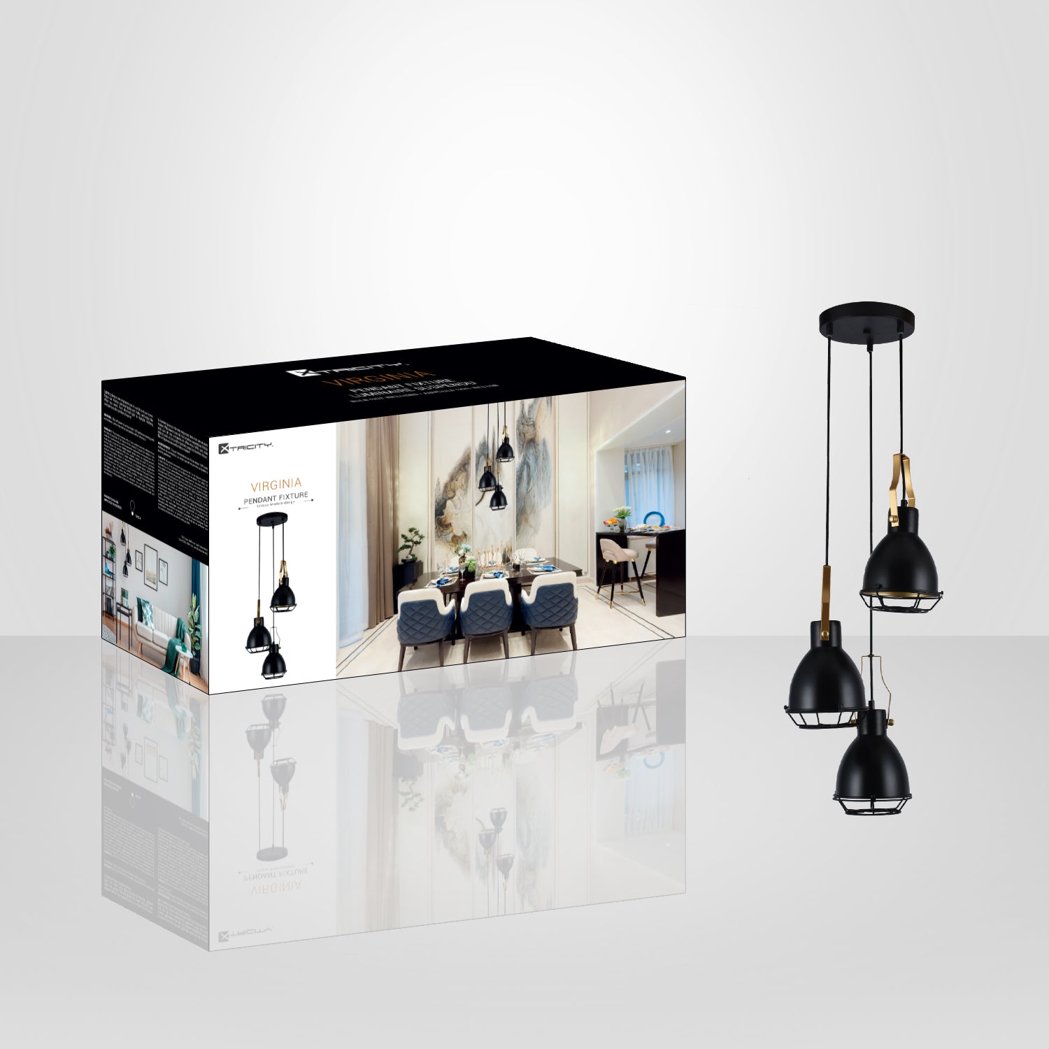 Xtricity - Luminaire Suspendu à 3 Lumières, Largeur de 6.2'', De la Collection Virginia, Noir - emballage - Simple Boutique