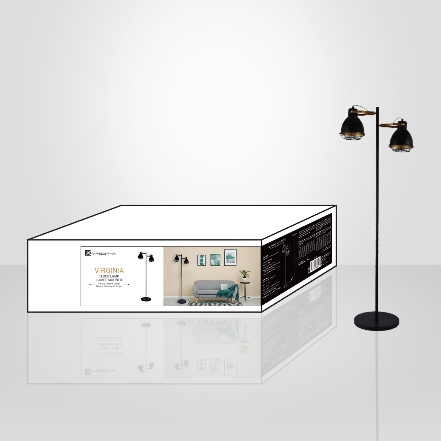 Xtricity - Luminaire sur Pied à 2 Têtes, Hauteur de 5', De la Collection Virginia, Noir - emballage - Simple Boutique