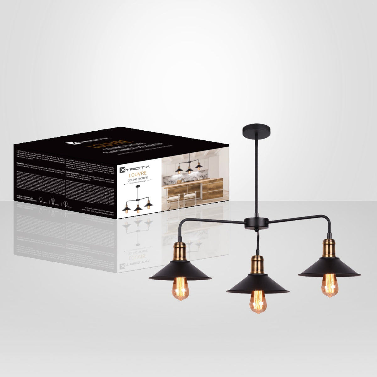 Xtricity - Luminaire Suspendu à 3 Lumières, Largeur de 25.9'', De la Collection Louvre, Noir - emballage - Simple Boutique