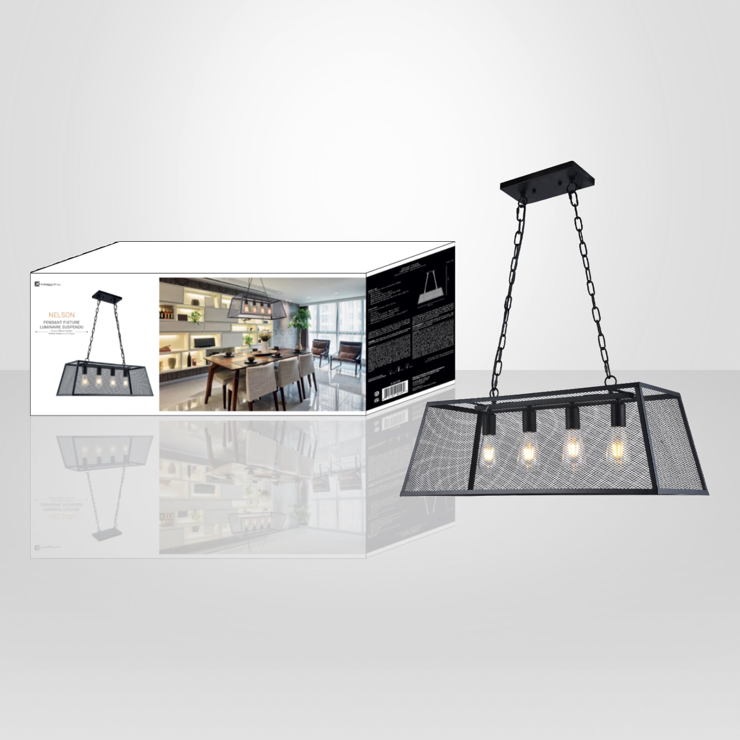 Xtricity - Luminaire Suspendu à 4 Lumières, Largeur de 33.2'', De la Collection Nelson, Noir - emballage - Simple Boutique