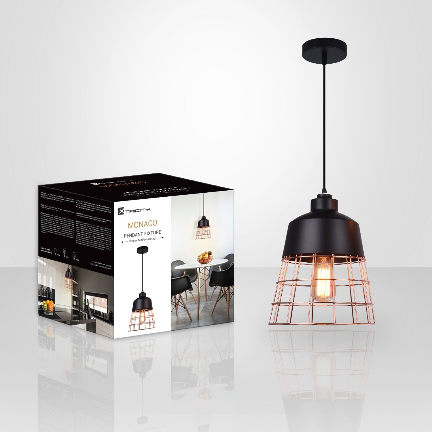 Xtricity - Luminaire Suspendu, Largeur de 10'', De la Collection Monaco, Noir et Cuivre - emballage - Simple Boutique