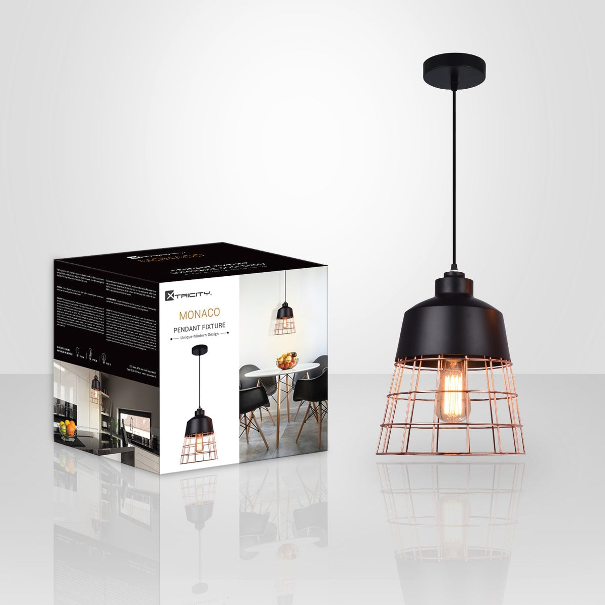 Xtricity - Luminaire Suspendu, Largeur de 10'', De la Collection Monaco, Noir et Cuivre - emballage - Simple Boutique