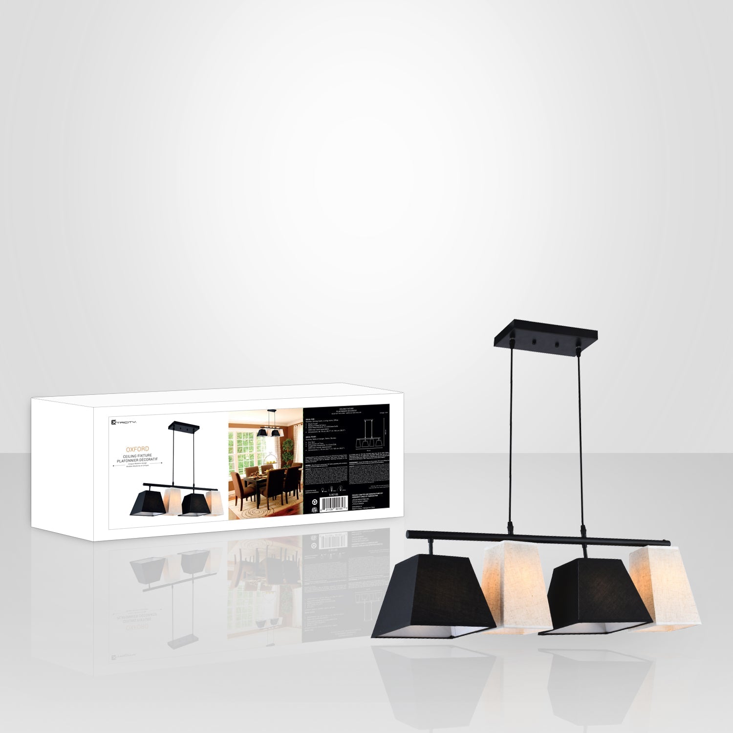 Xtricty - Luminaire Suspendu à 4 Lumières, Largeur de 30.7'', De la Collection Oxford, Noir et Blanc - emballage - Simple Boutique