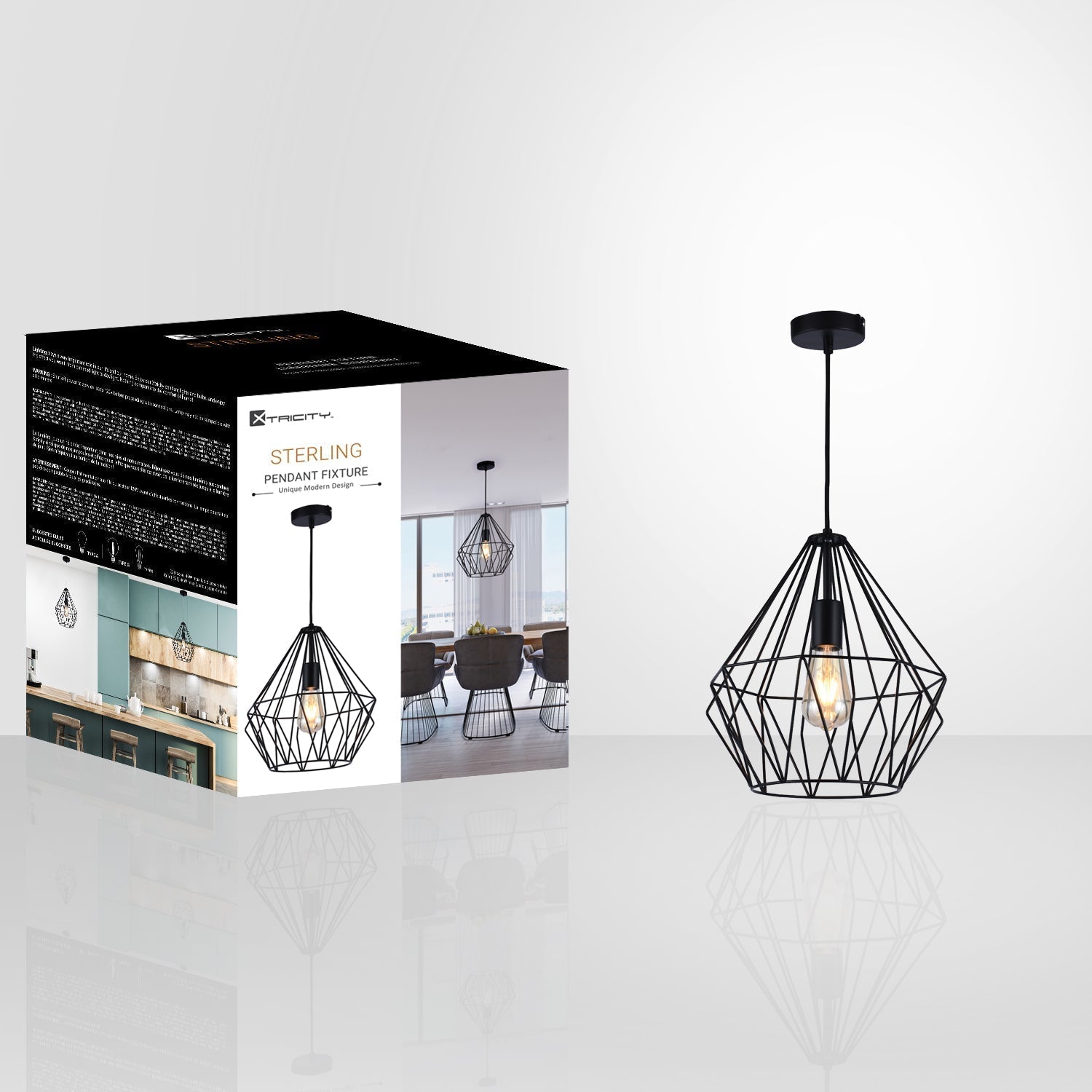 Xtricty - Luminaire Suspendu, Largeur de 11.81'', De la Collection Sterling, Noir - emballage - Simple Boutique