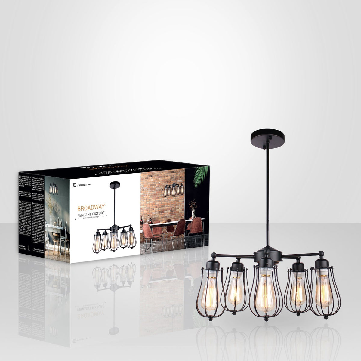 Xtricity - Luminaire Suspendu à 5 Lumières, Largeur de 18.8'', De la Collection Broadway, Noir - emballage - Simple Boutique