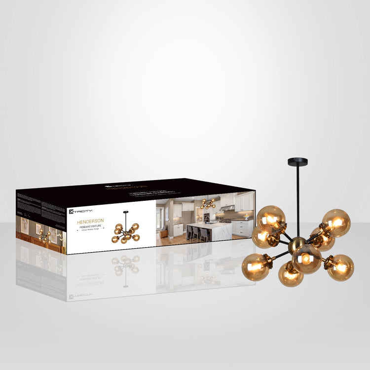 Xtricity - Luminaire Suspendu à 8 Lumières, Largeur de 21.7'', De la Collection Henderson, Noir et Ambre - emballage - Simple Boutique