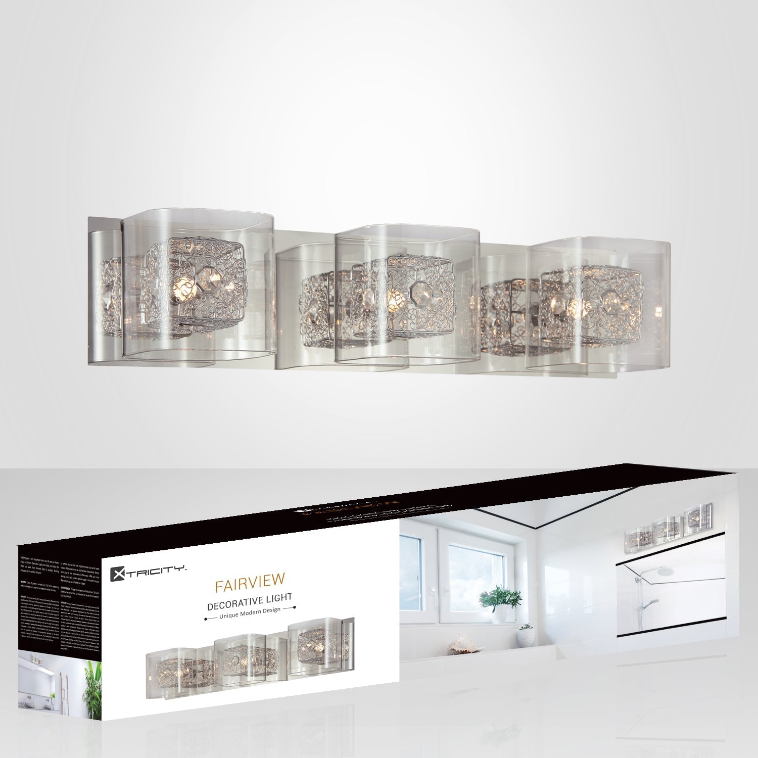 Xtricity - Luminaire de Vanité à 3 Lumières, Largeur de 22.05'', De la Collection Fairview, Fini Chromé - emballage - Simple Boutique