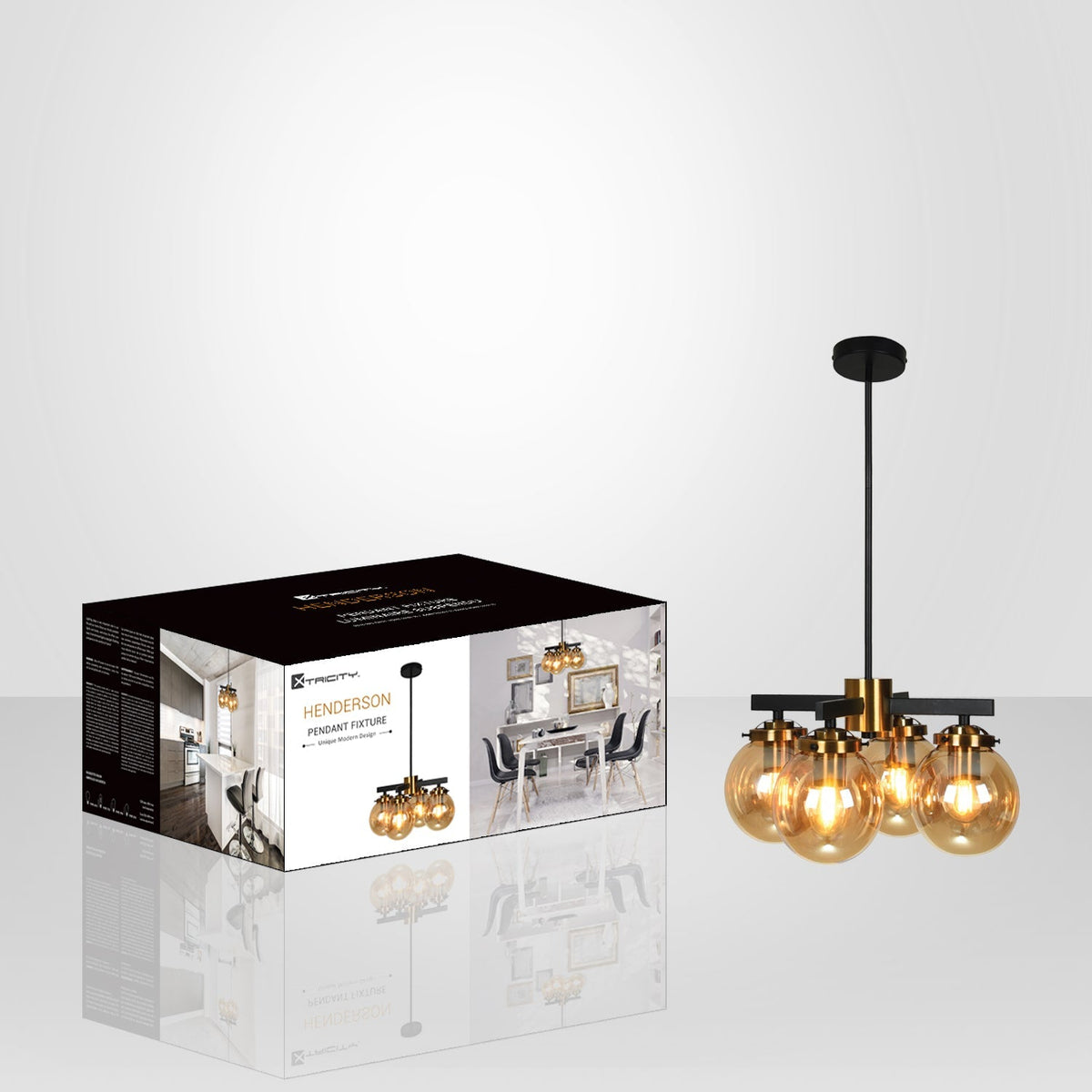 Xtricity - Luminaire Suspendu à 4 Lumières, Largeur de 14.5'', De la Collection Henderson, Noir et Doré - emballage - Simple Boutique