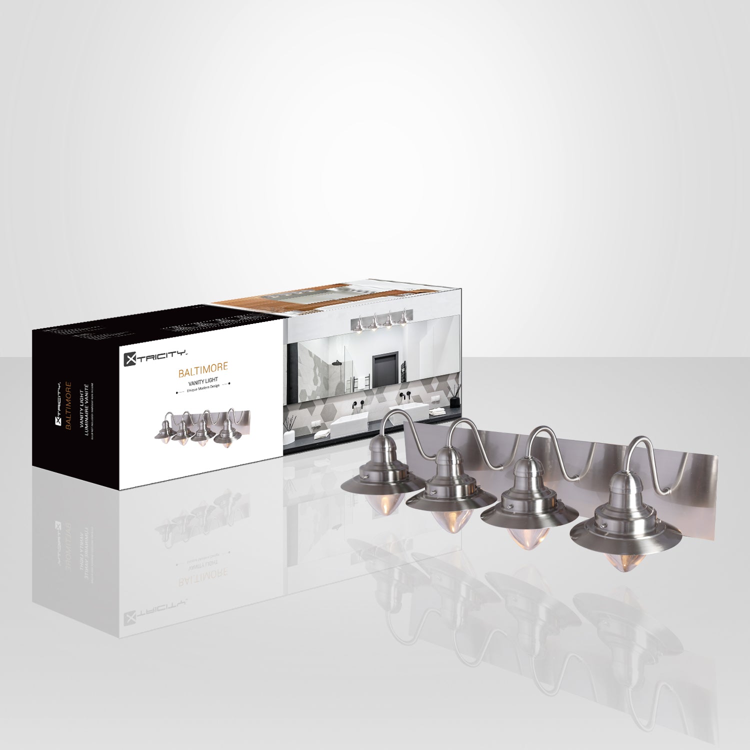 Xtricity - Luminaire de Vanité à 4 Lumières, Largeur de 27.1'', De la Collection Baltimore, Fini Nickel - emballage - Simple Boutique