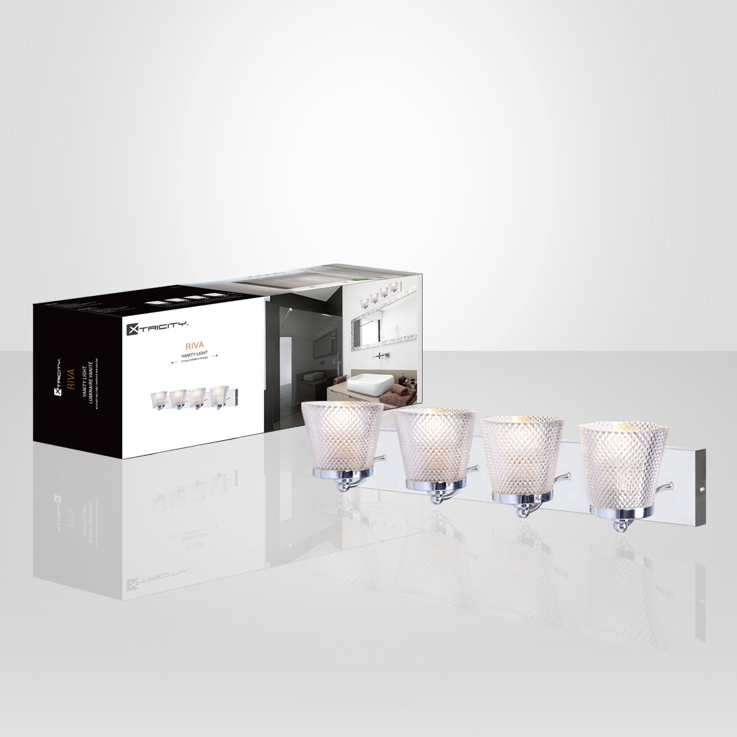 Xtricity - Luminaire de Vanité à 4 Lumières, Largeur de 26.4'', De la Collection Riva, Fini Chromé - emballage - Simple Boutique